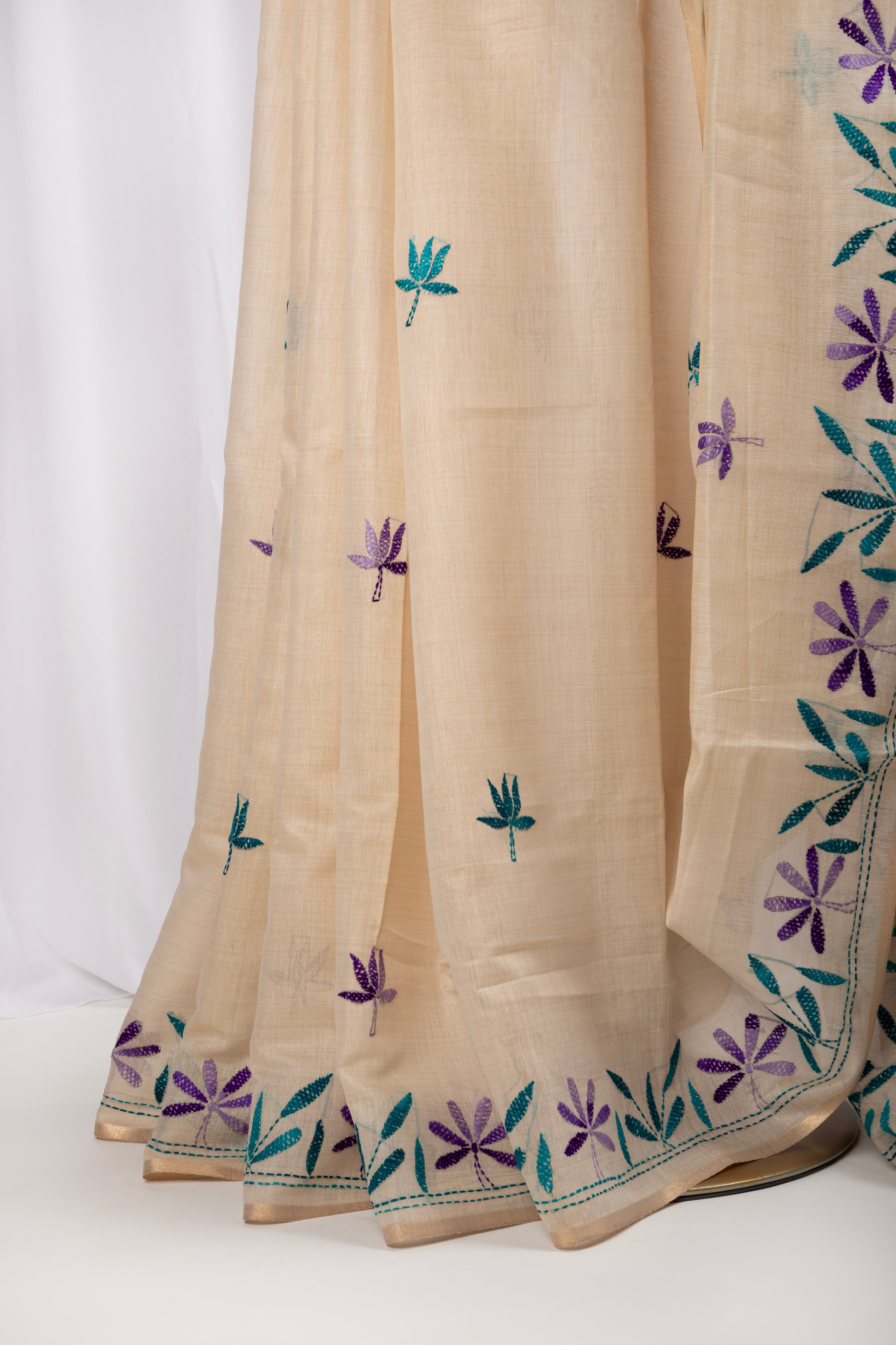 Cotton and tussar kantha stitch saree
