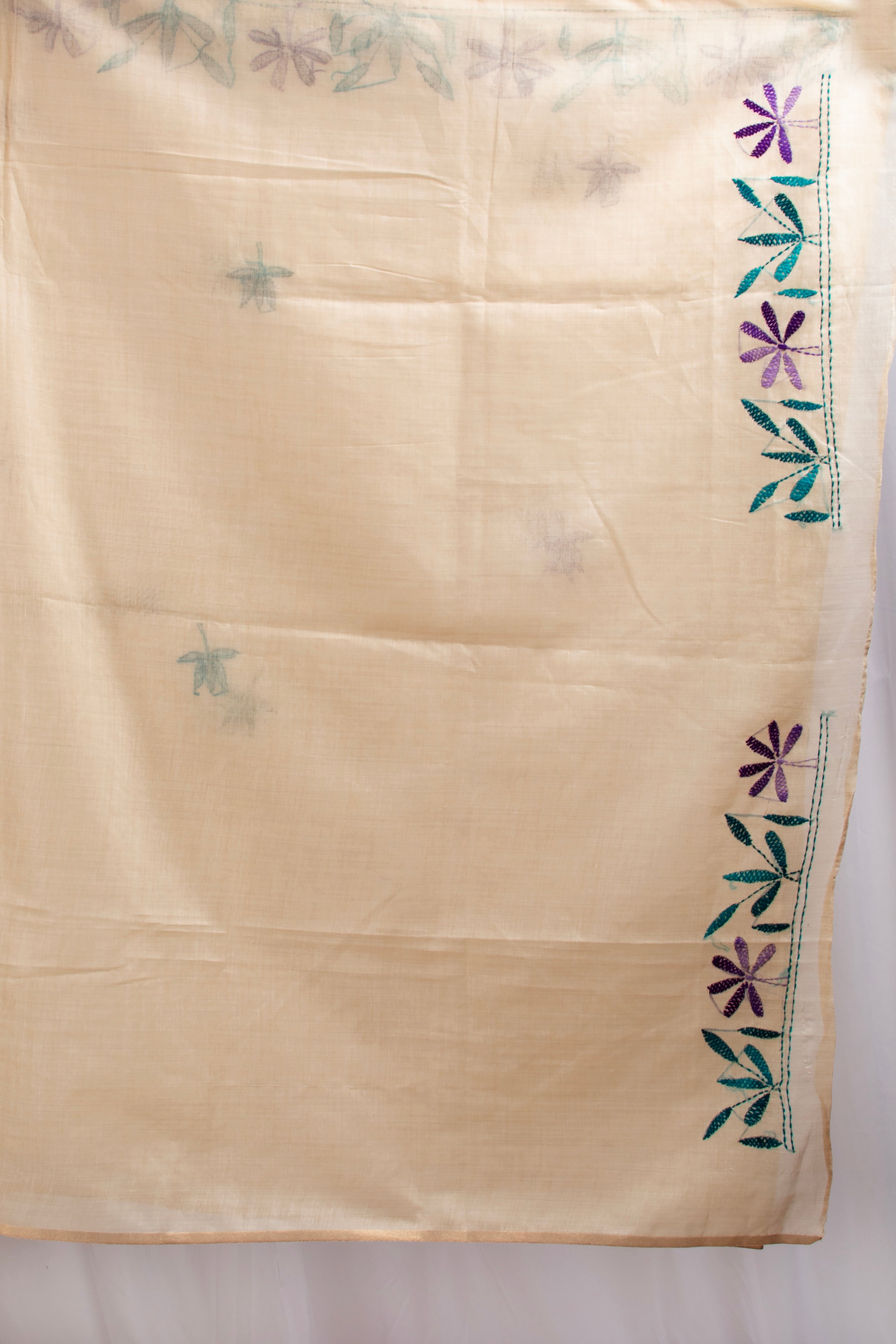 Cotton and tussar kantha stitch saree