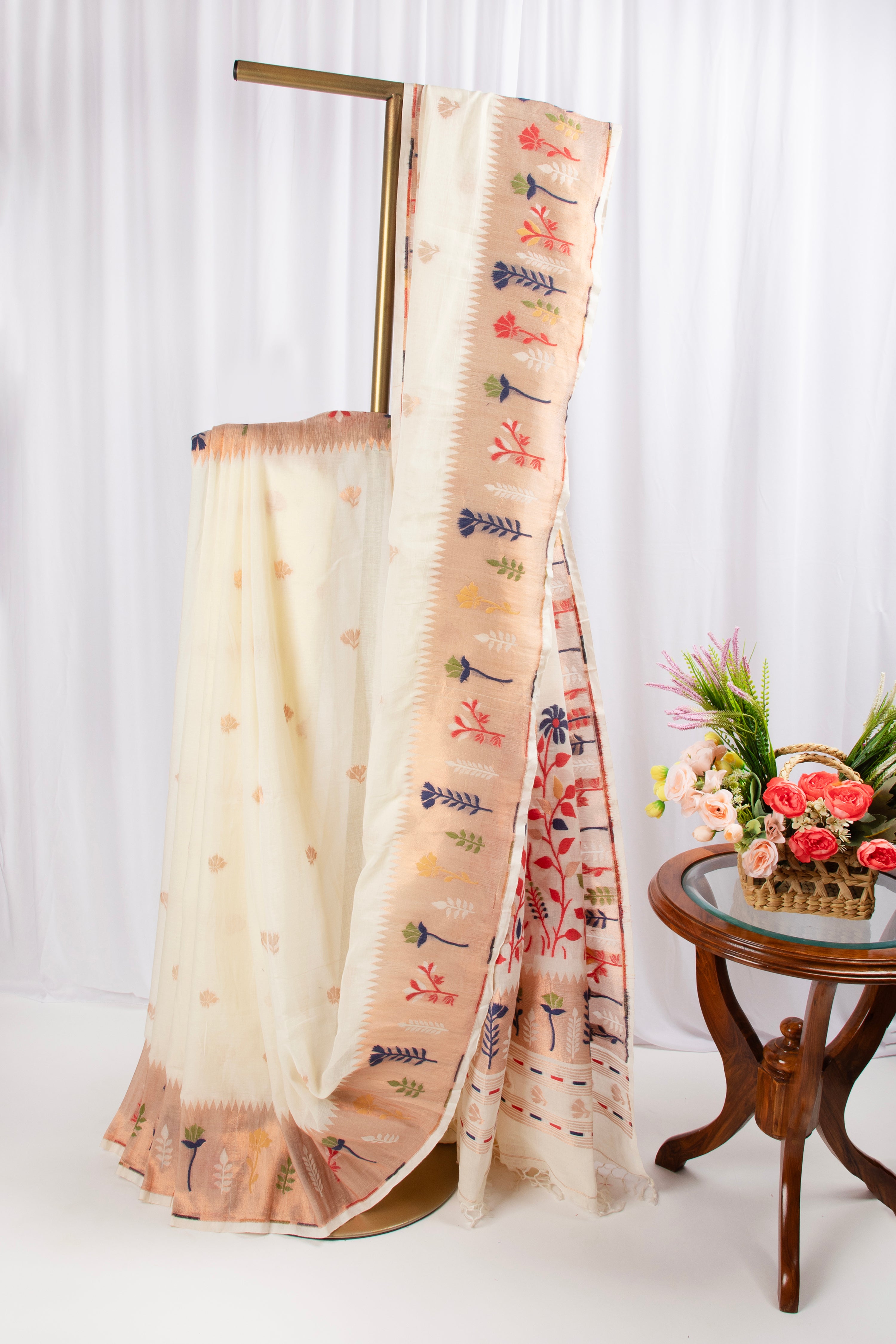 Off white and red cotton paithani inspired saree