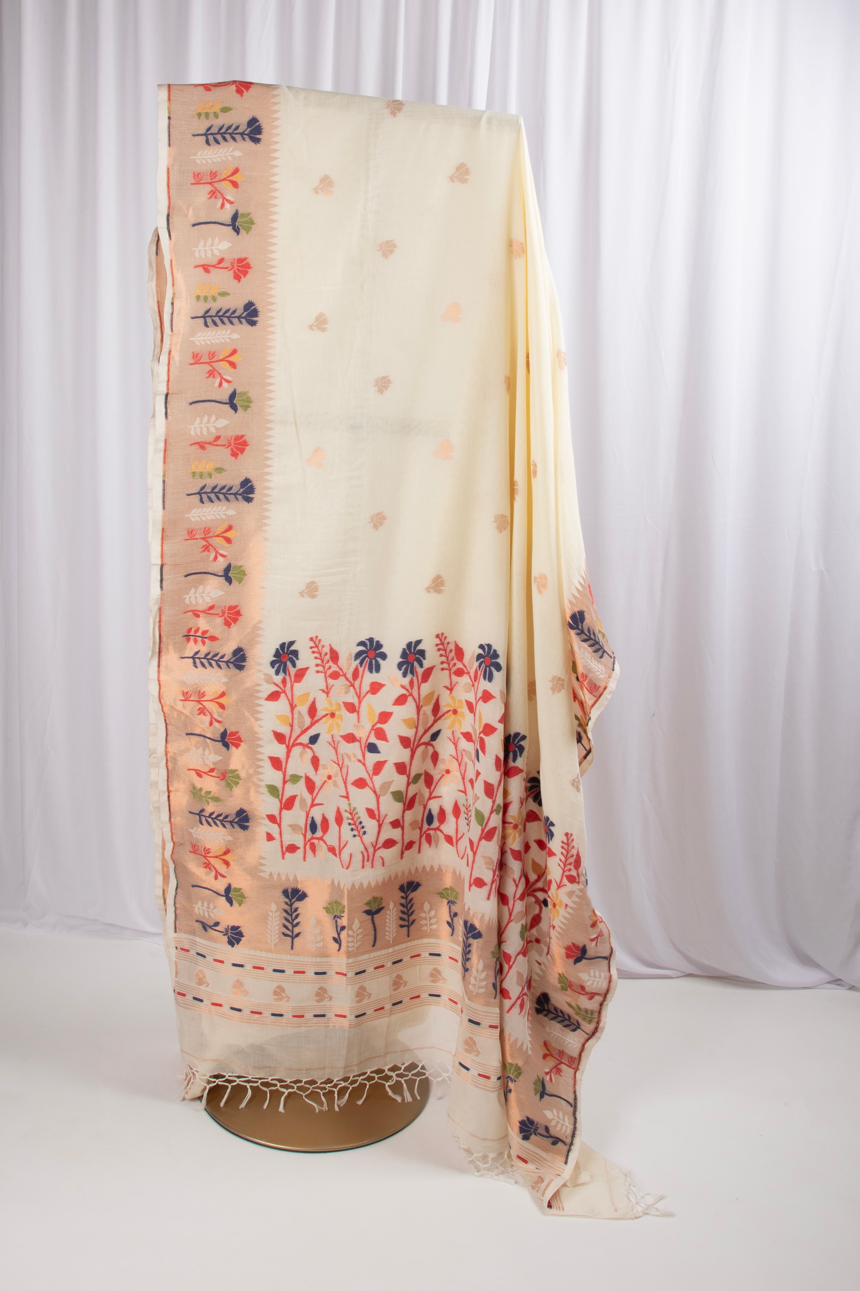 Off white and red cotton paithani inspired saree