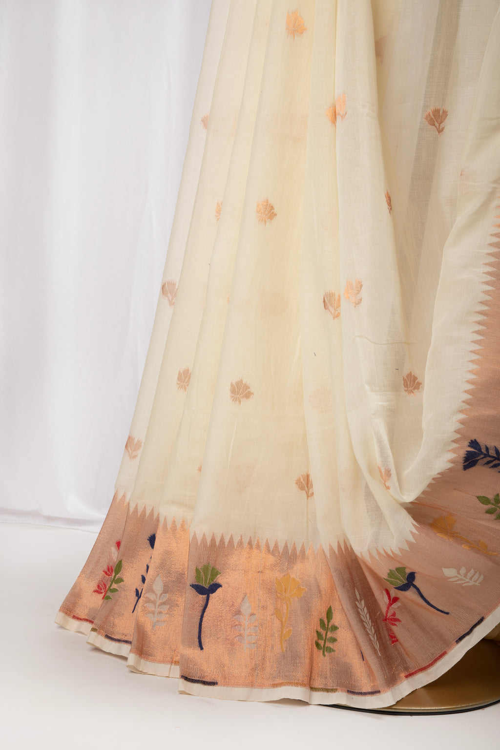 Off white and red cotton paithani inspired saree
