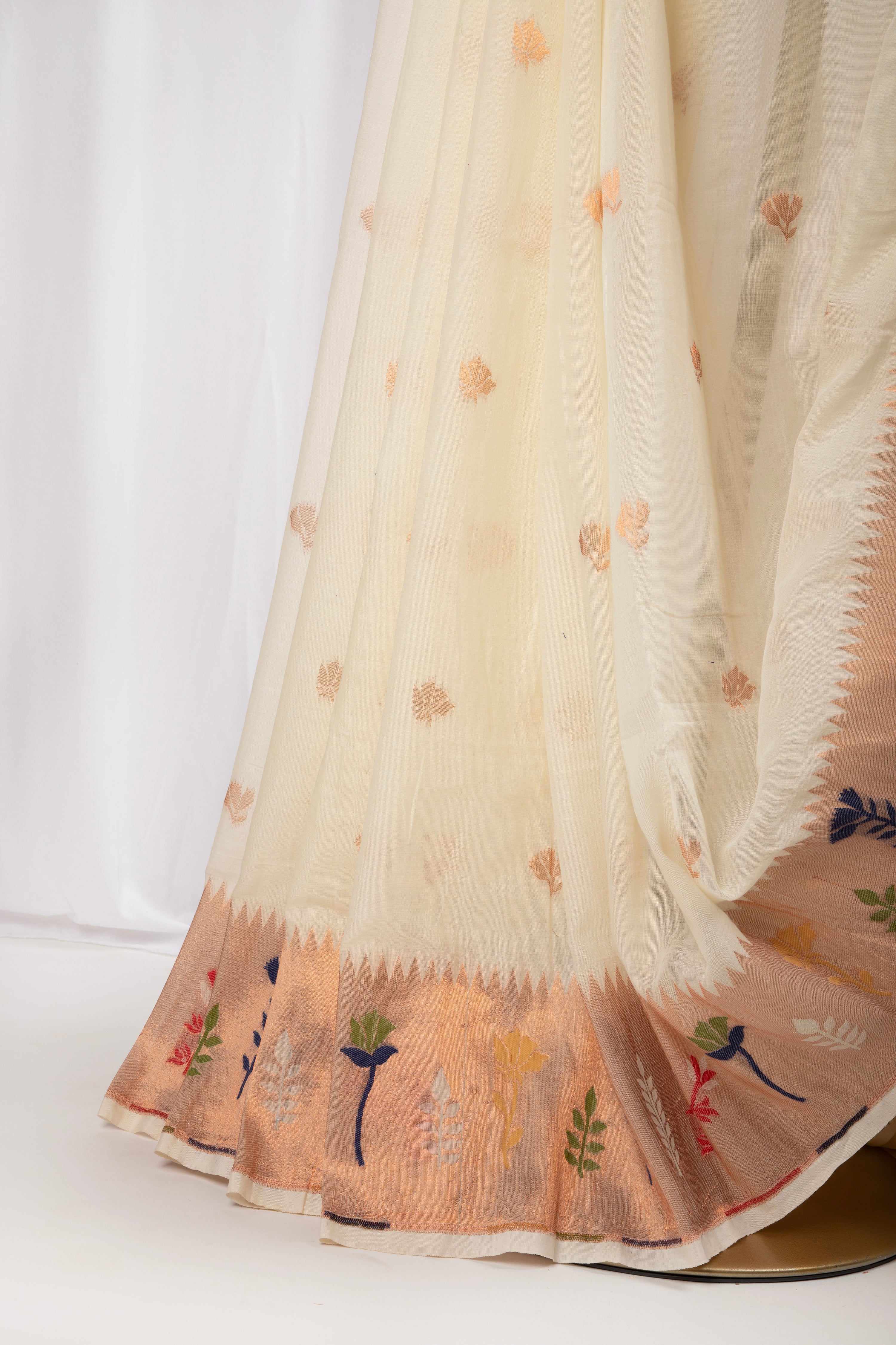 Off white and red cotton paithani inspired saree