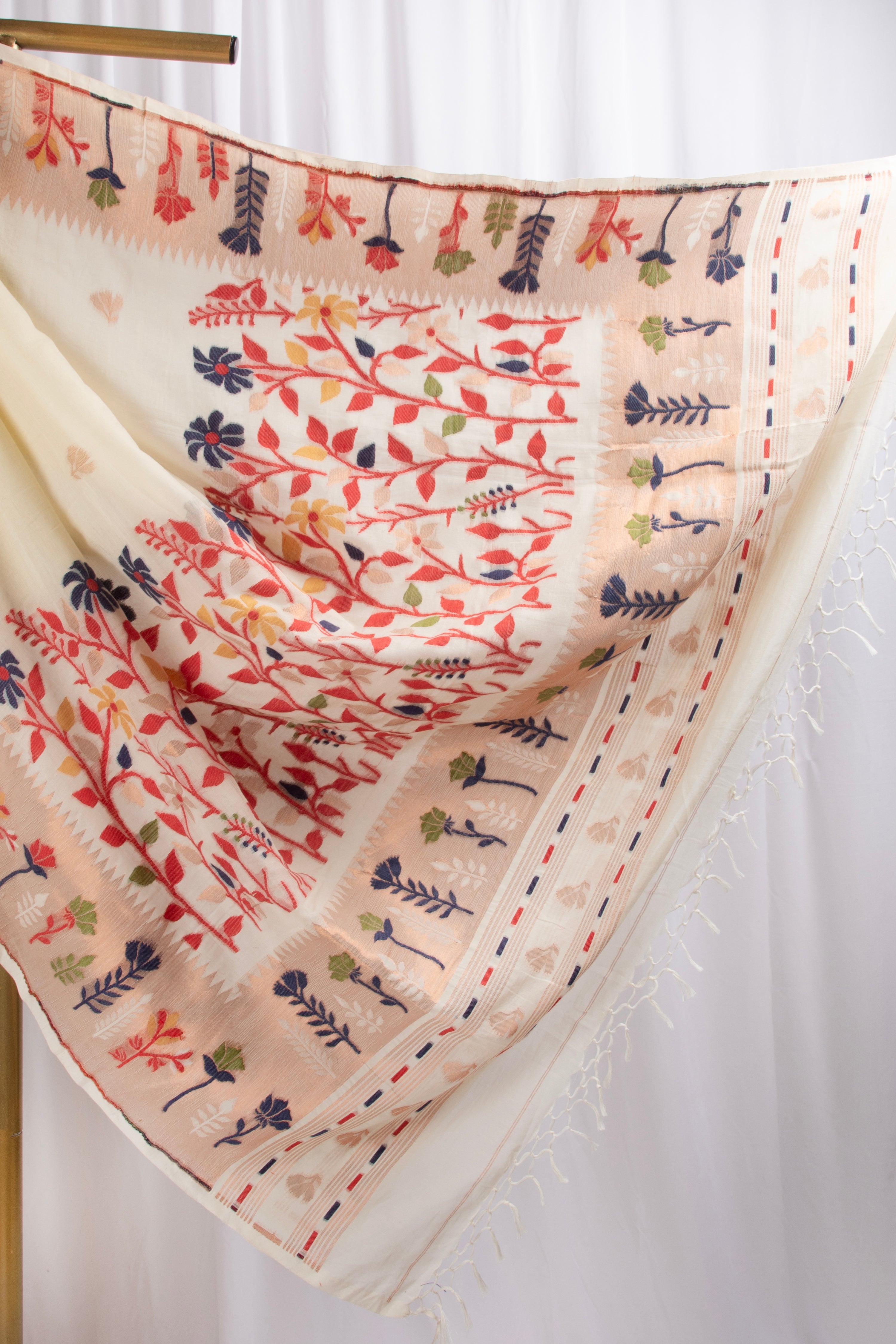 Off white and red cotton paithani inspired saree