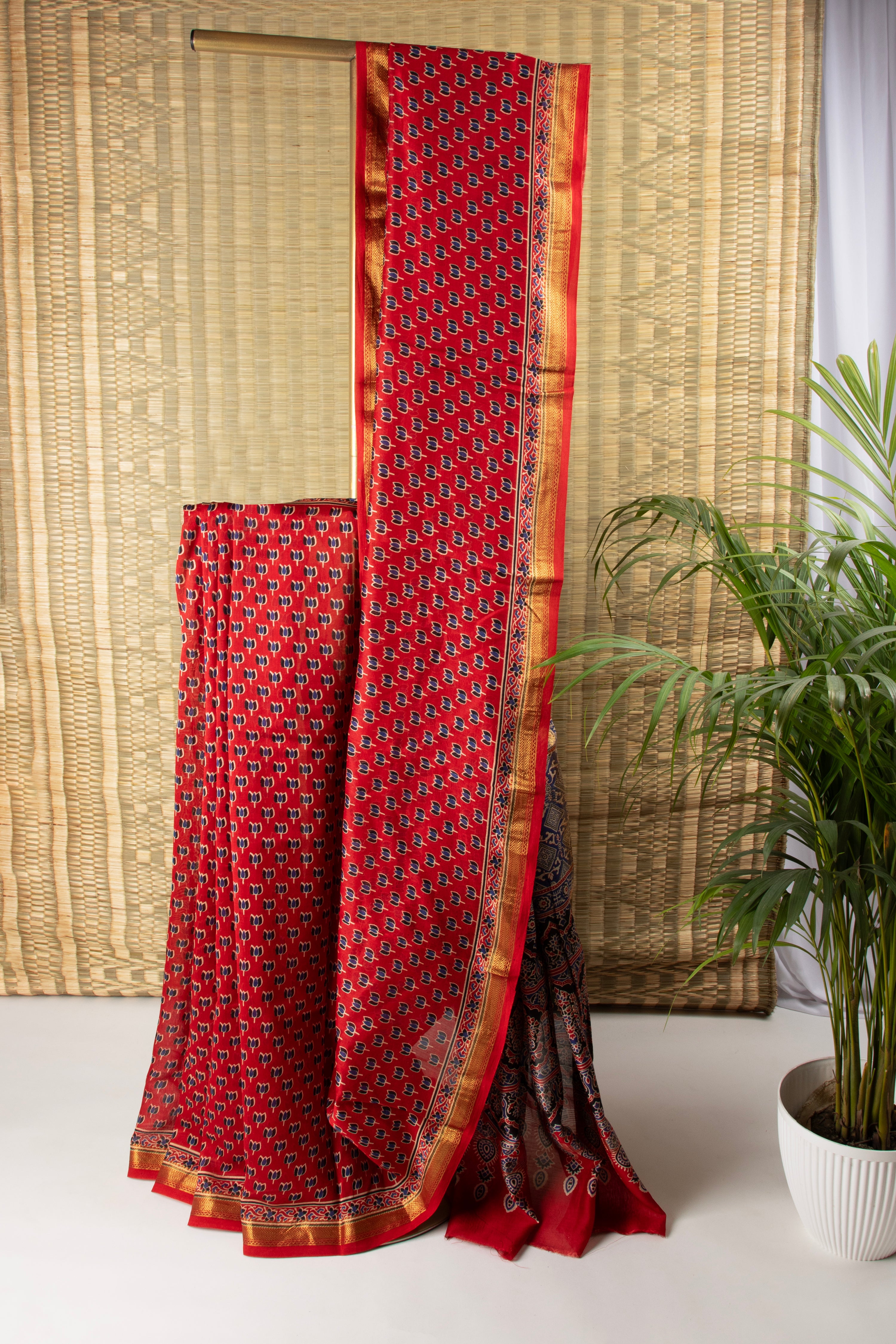 Red silk cotton block print saree