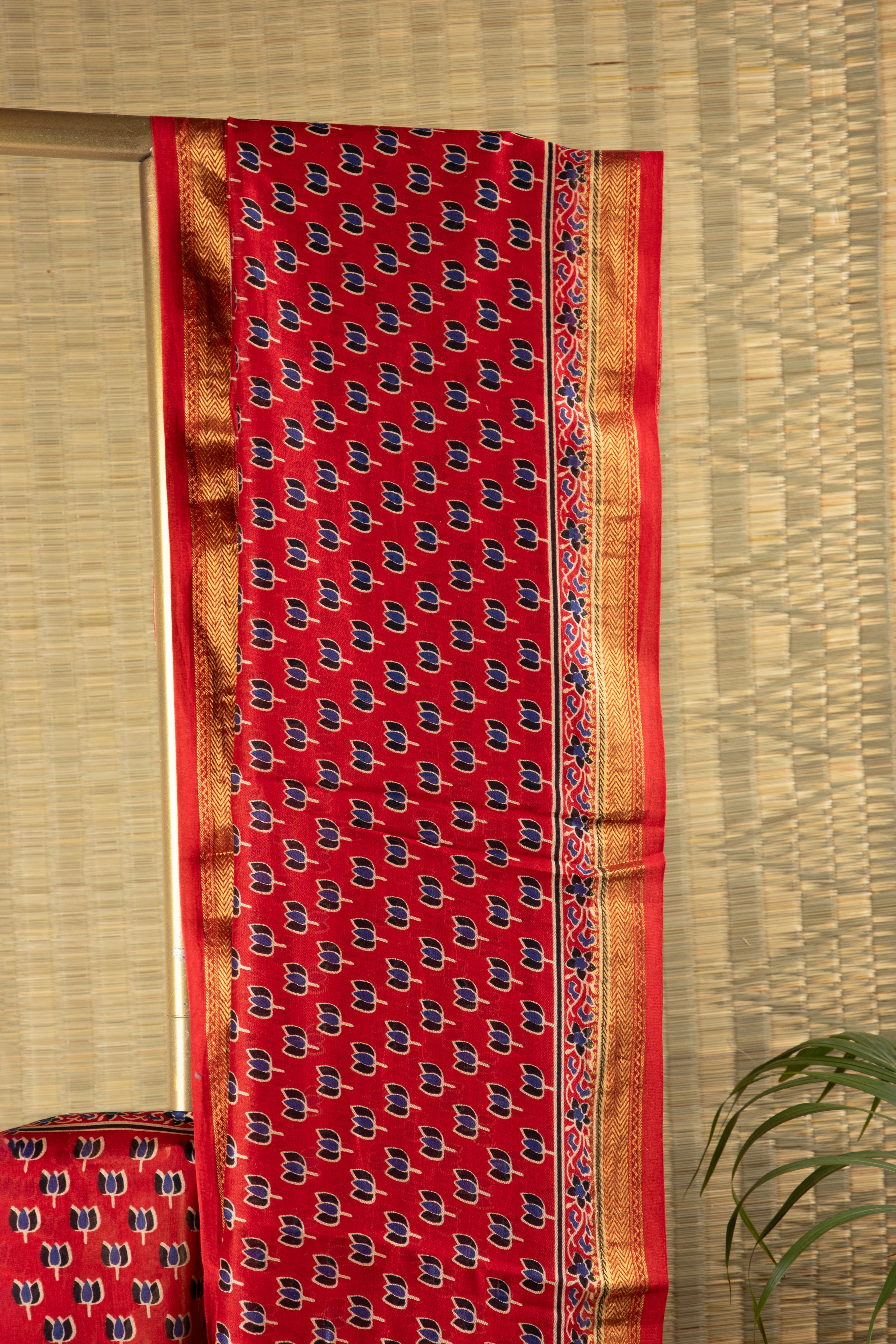 Red silk cotton block print saree