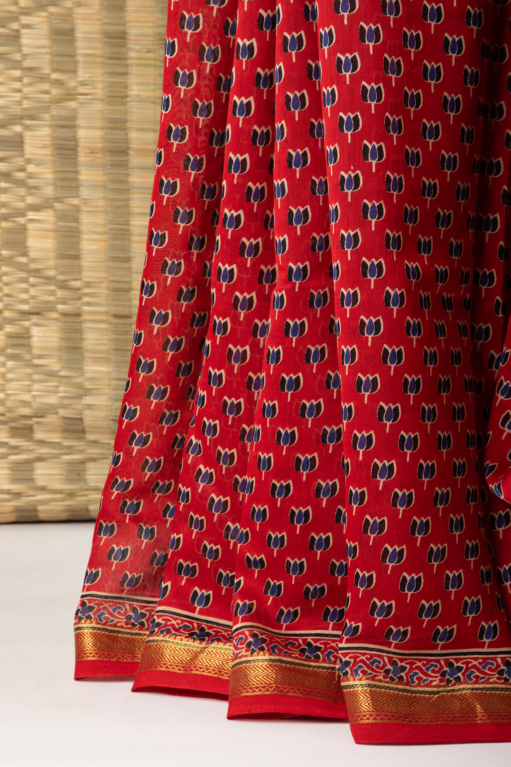 Red silk cotton block print saree