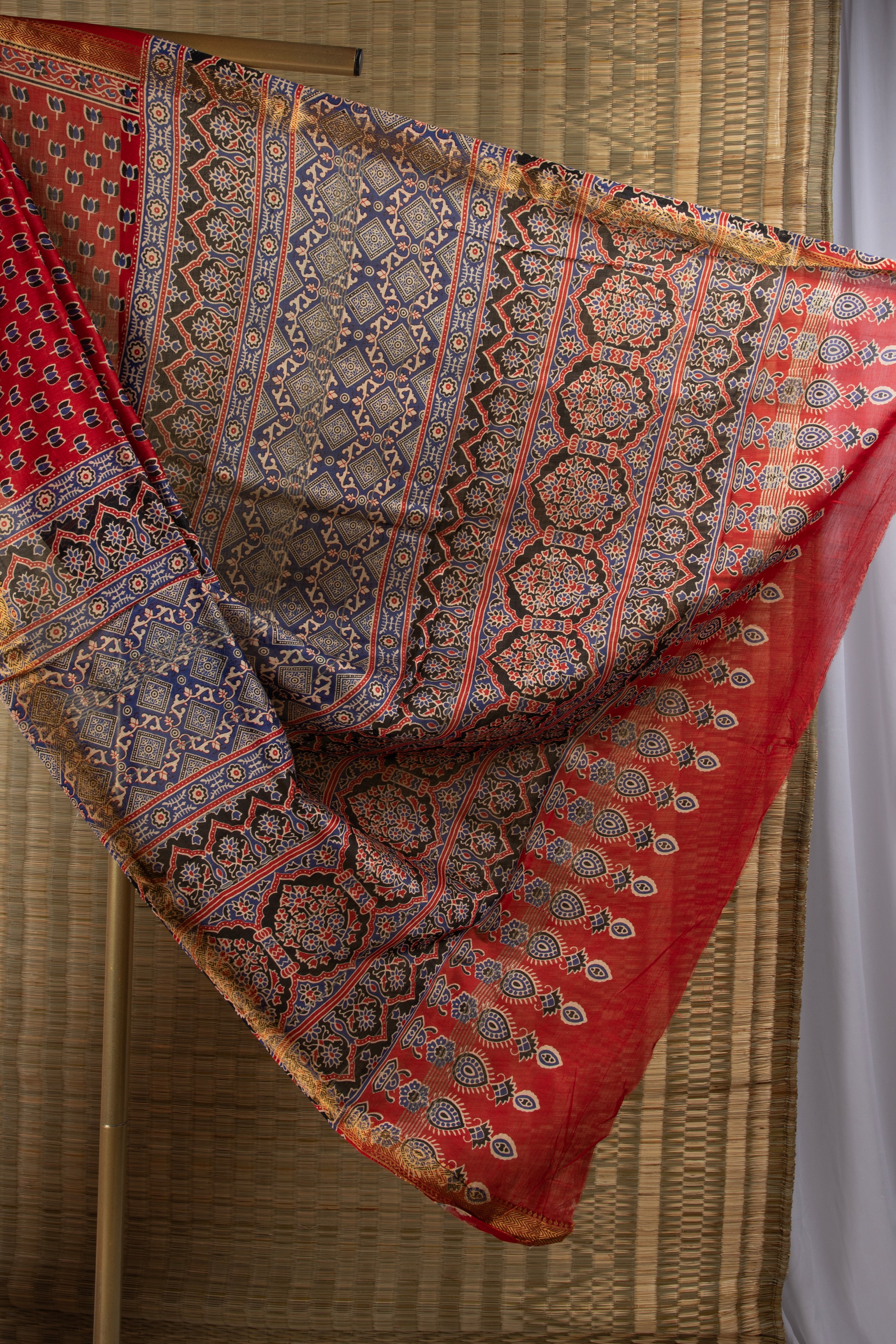 Red silk cotton block print saree