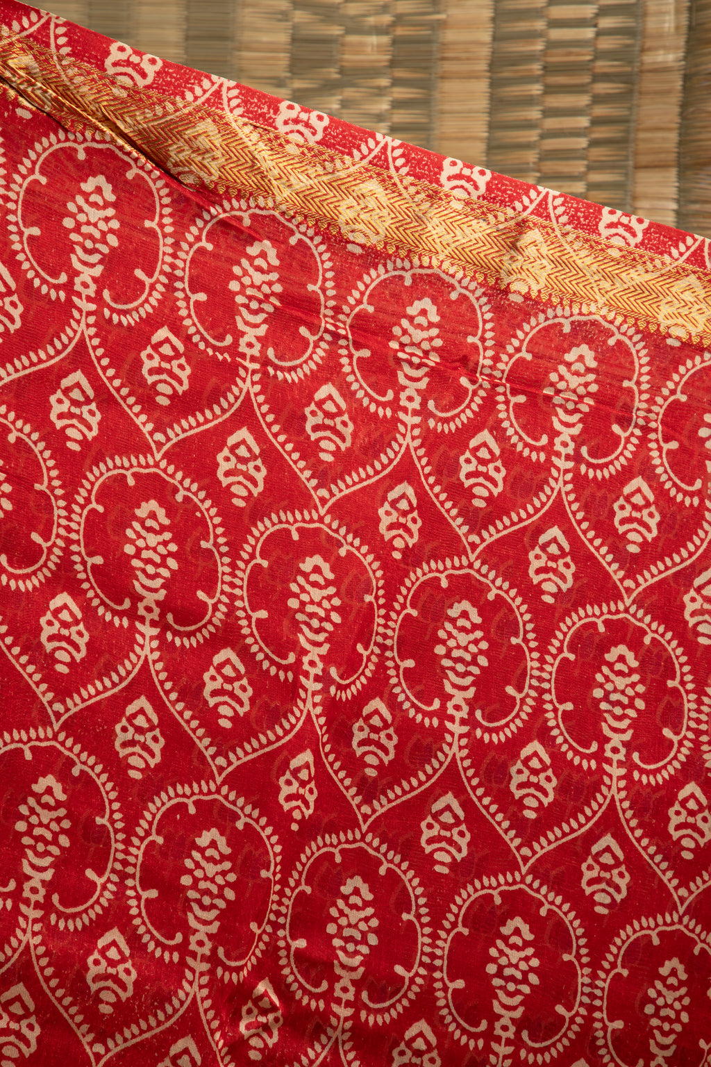 Red silk cotton block print saree