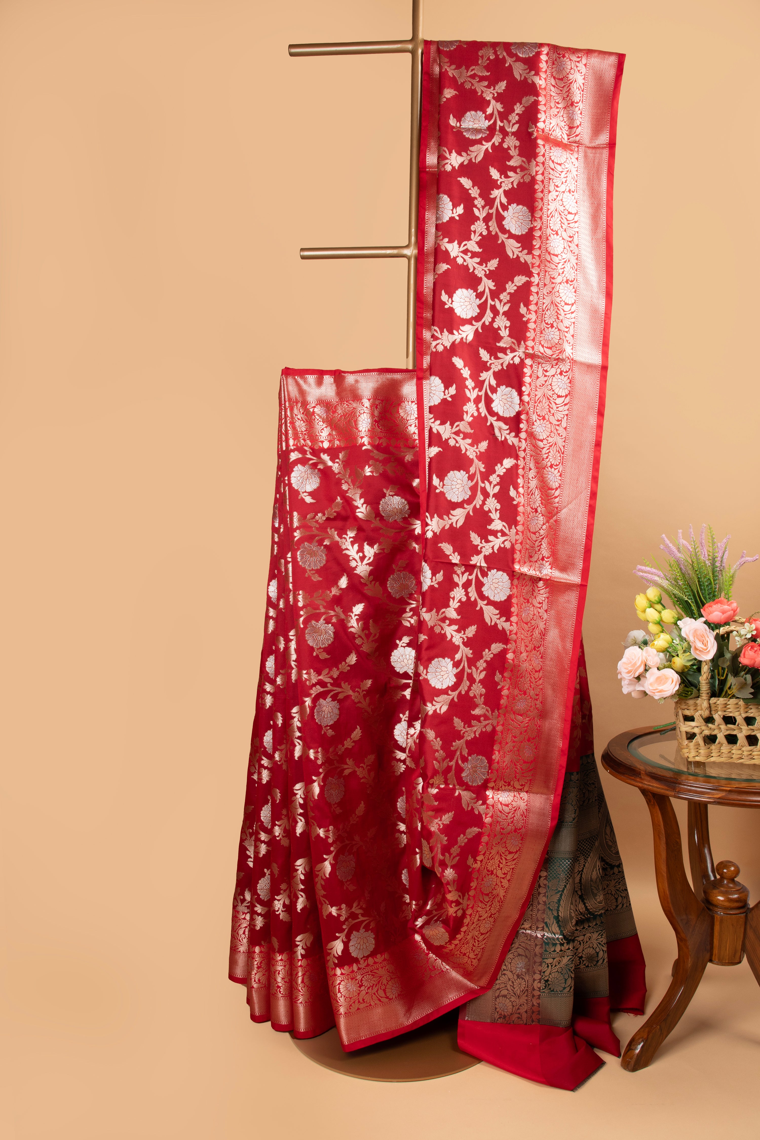 Red and green floral design benarasi