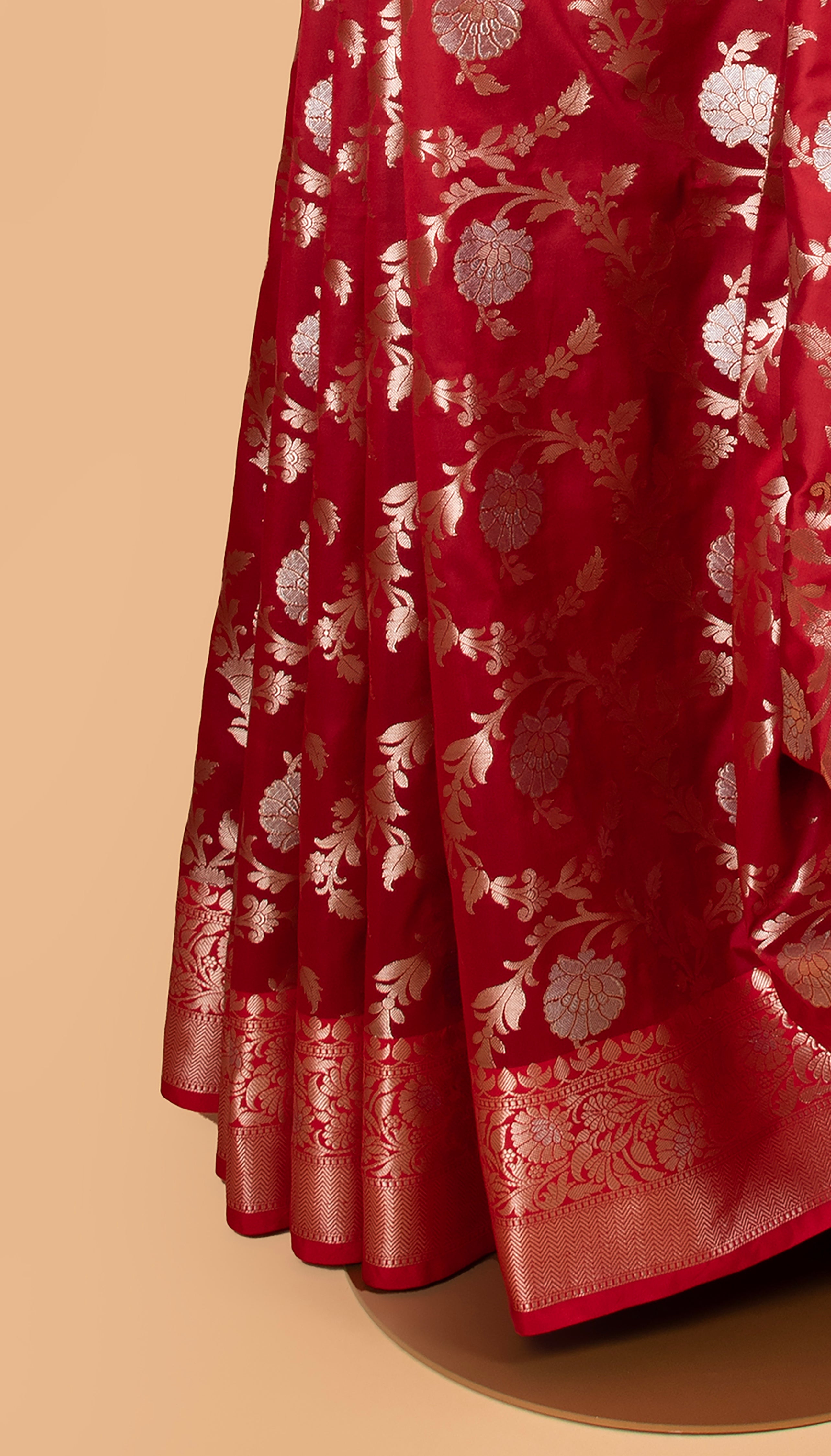 Red and green floral design benarasi