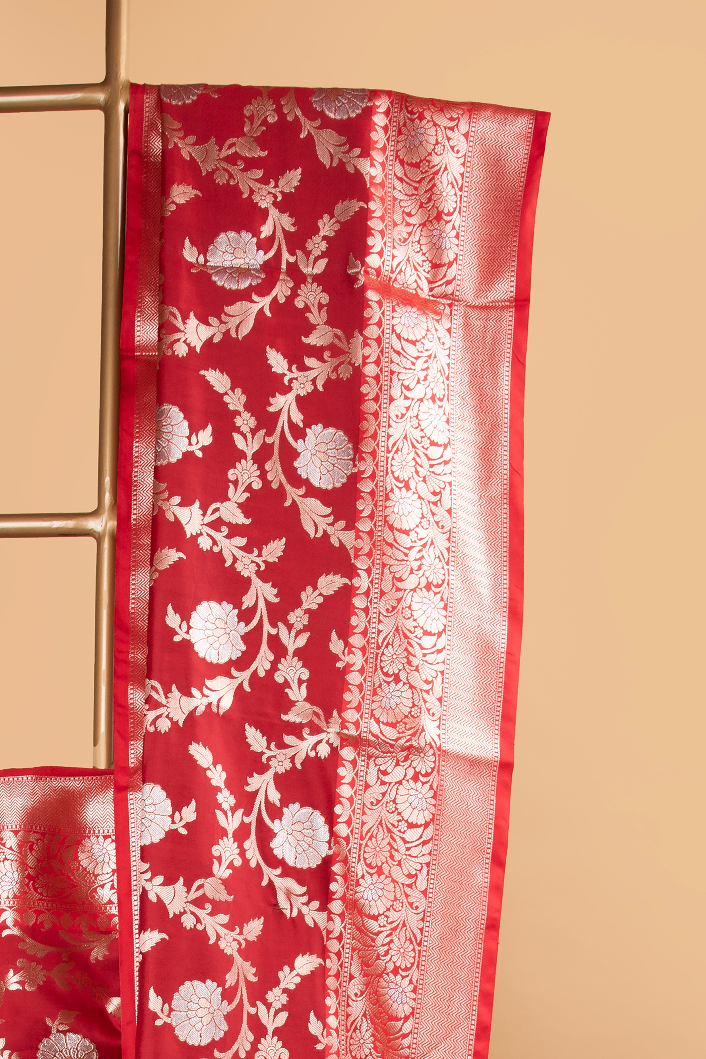 Red and green floral design benarasi