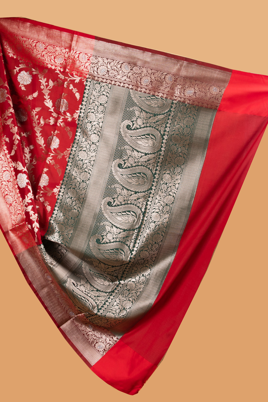 Red and green floral design benarasi