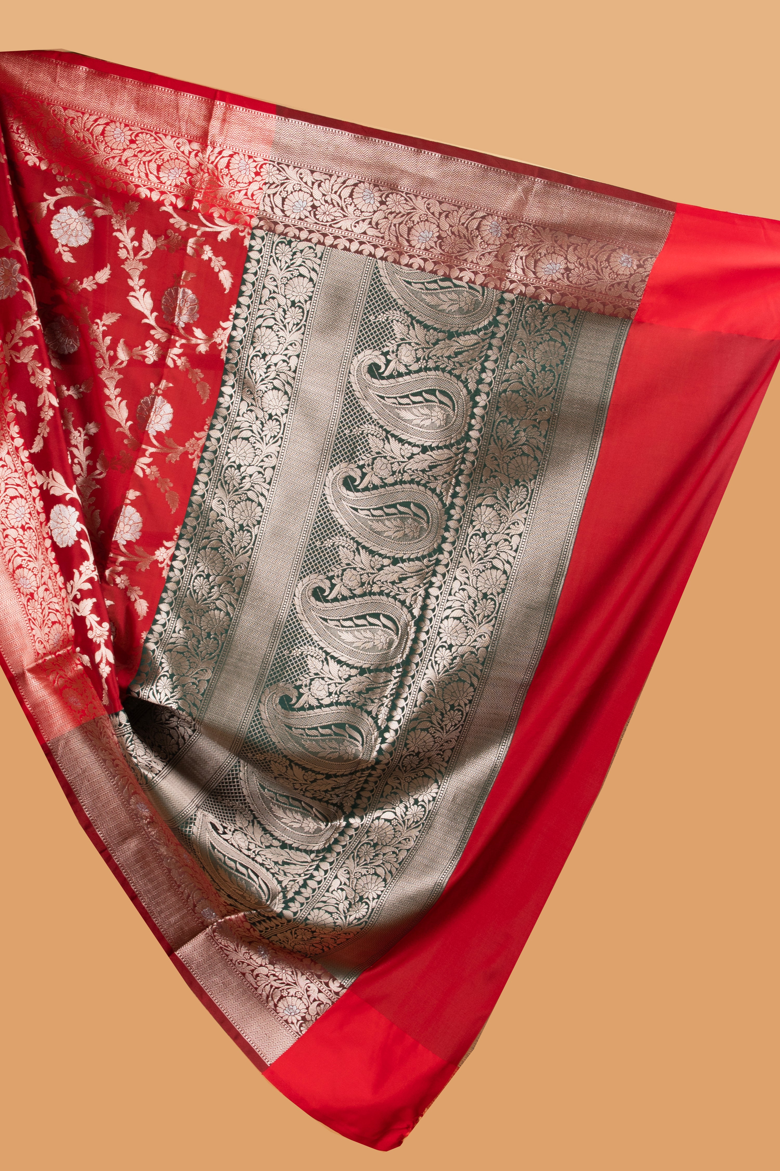 Red and green floral design benarasi