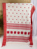 Off white and red saree with traditional motifs