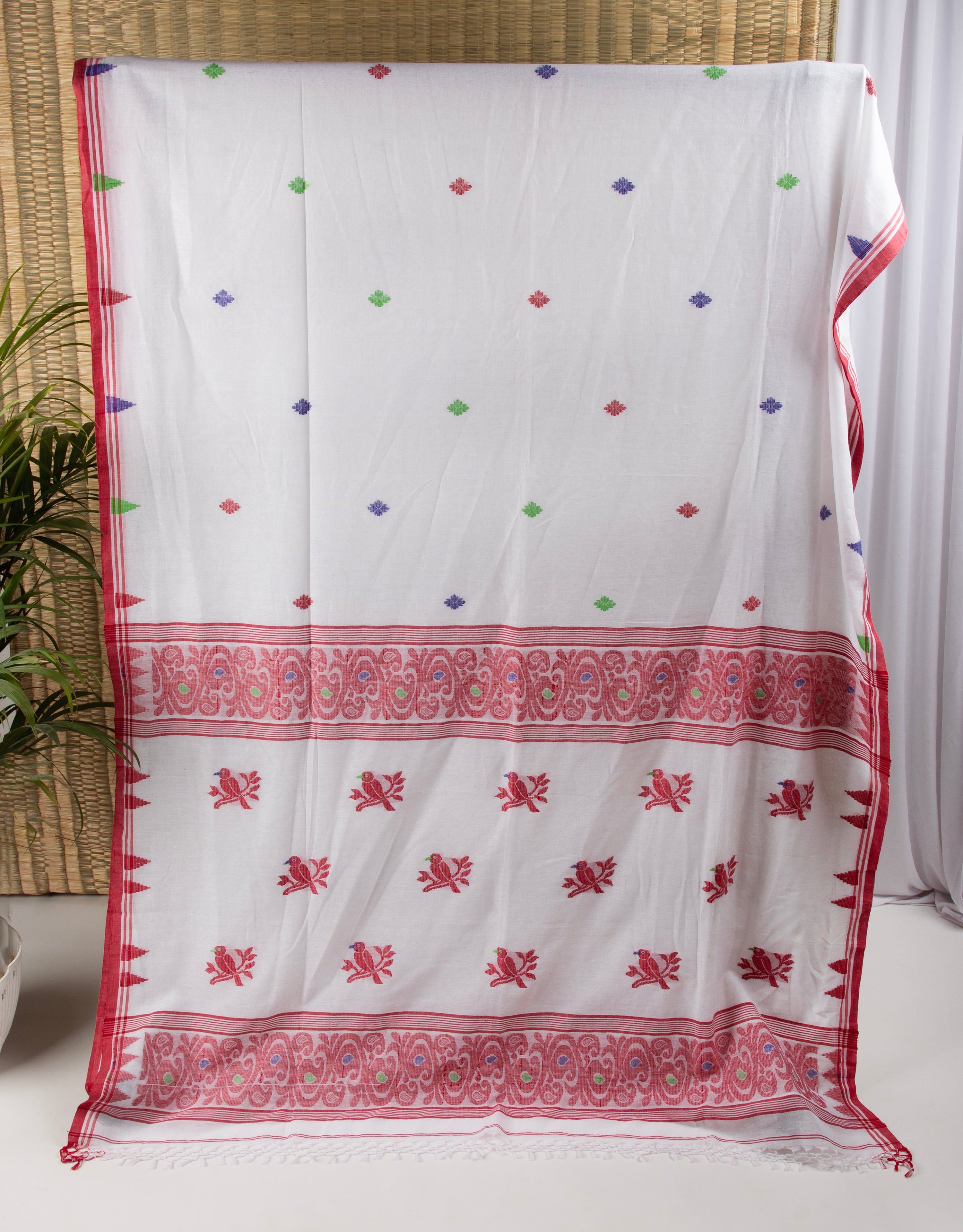 Red and white saree with bird motif