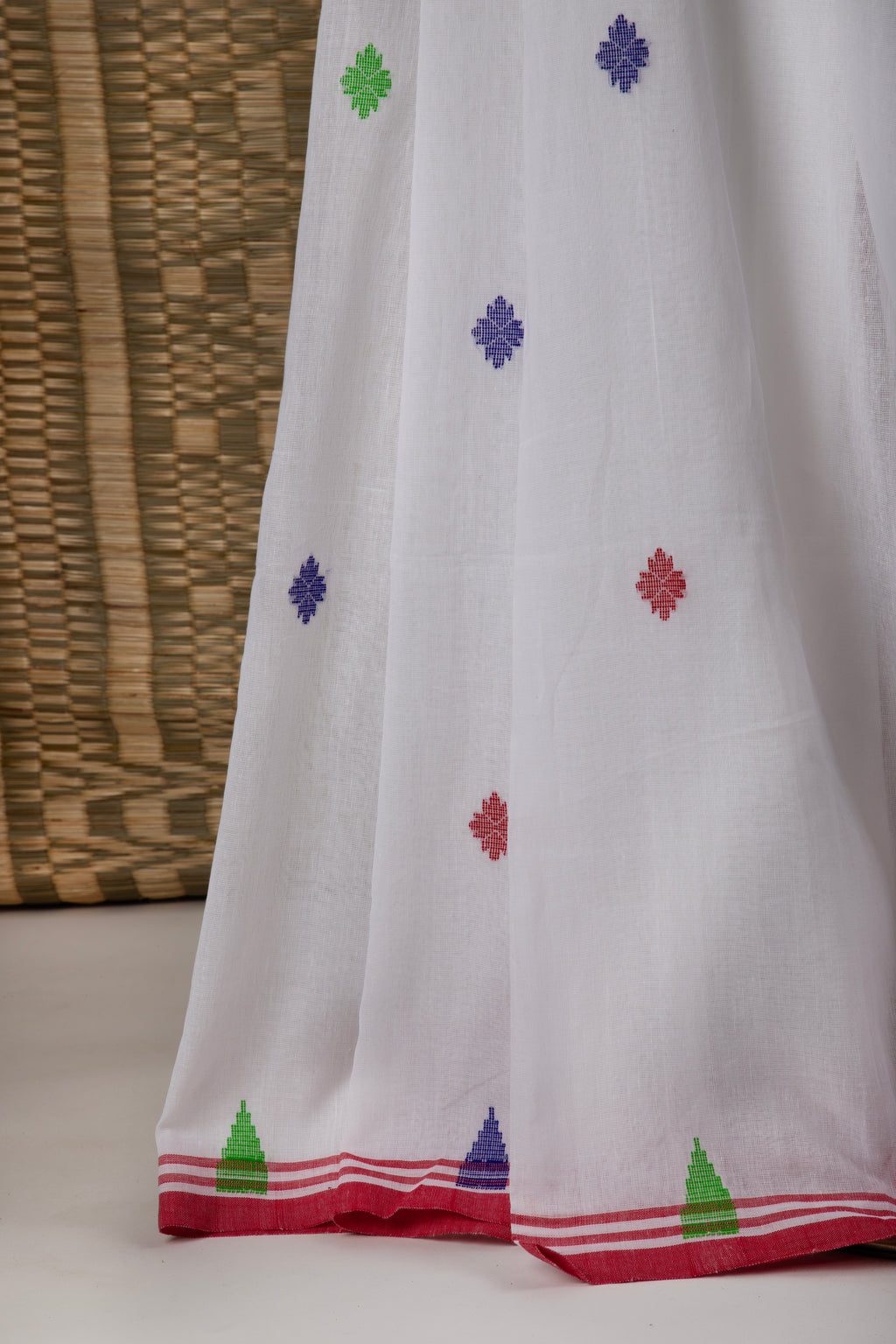 Red and white saree with bird motif