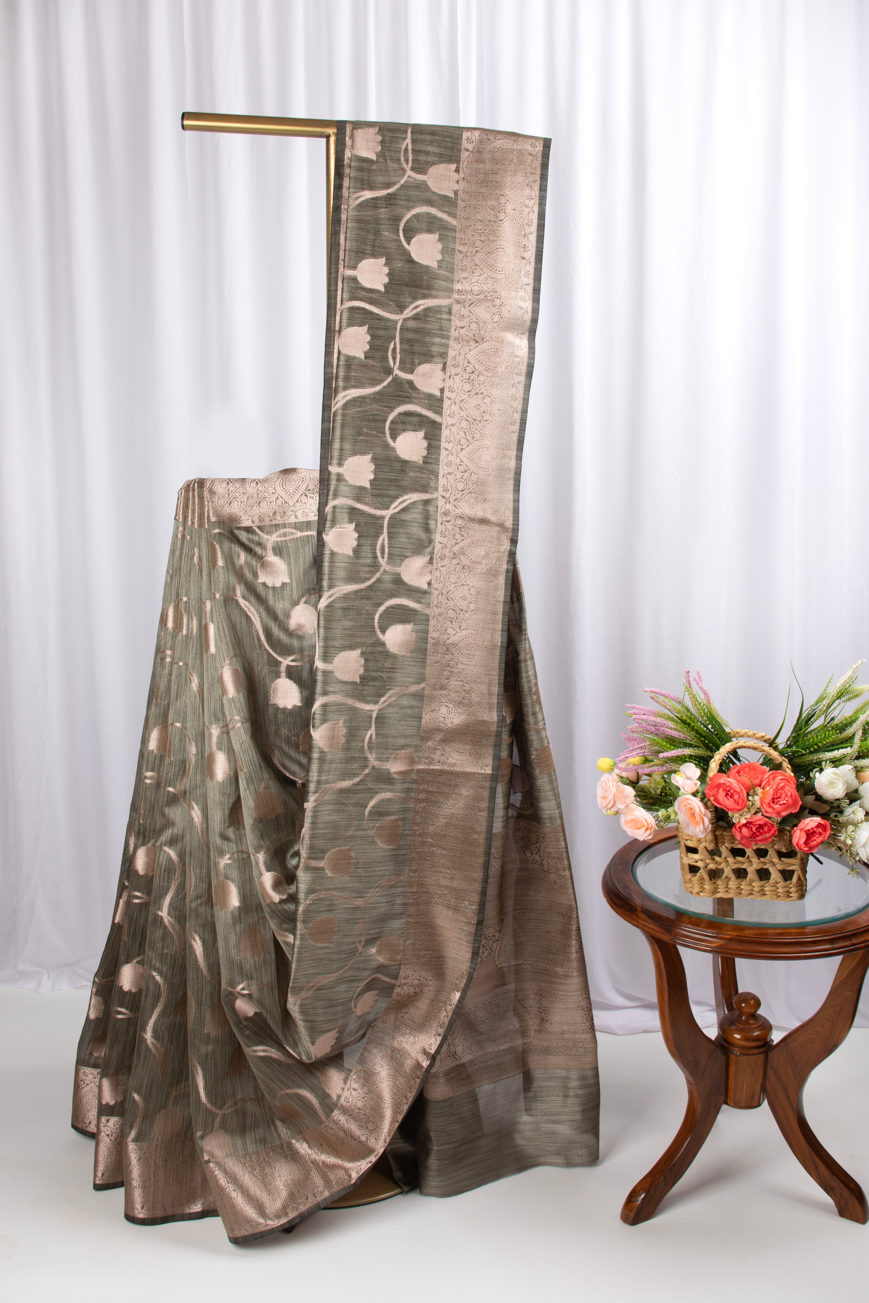 Olive green semi tussar benarasi saree with tulip design