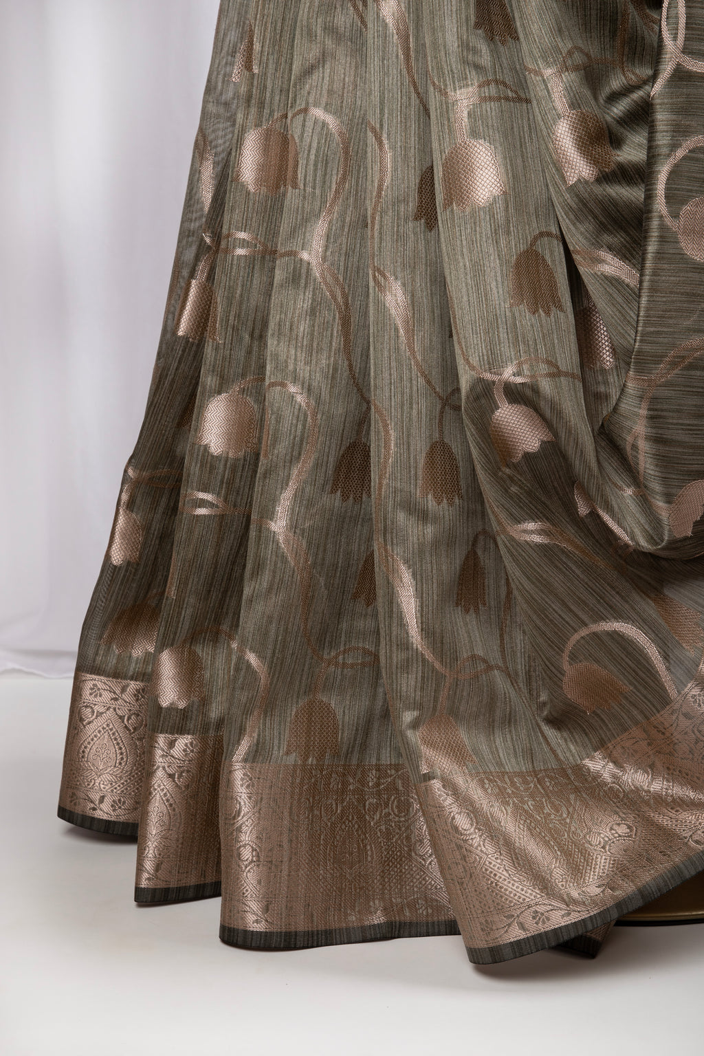 Olive green semi tussar benarasi saree with tulip design