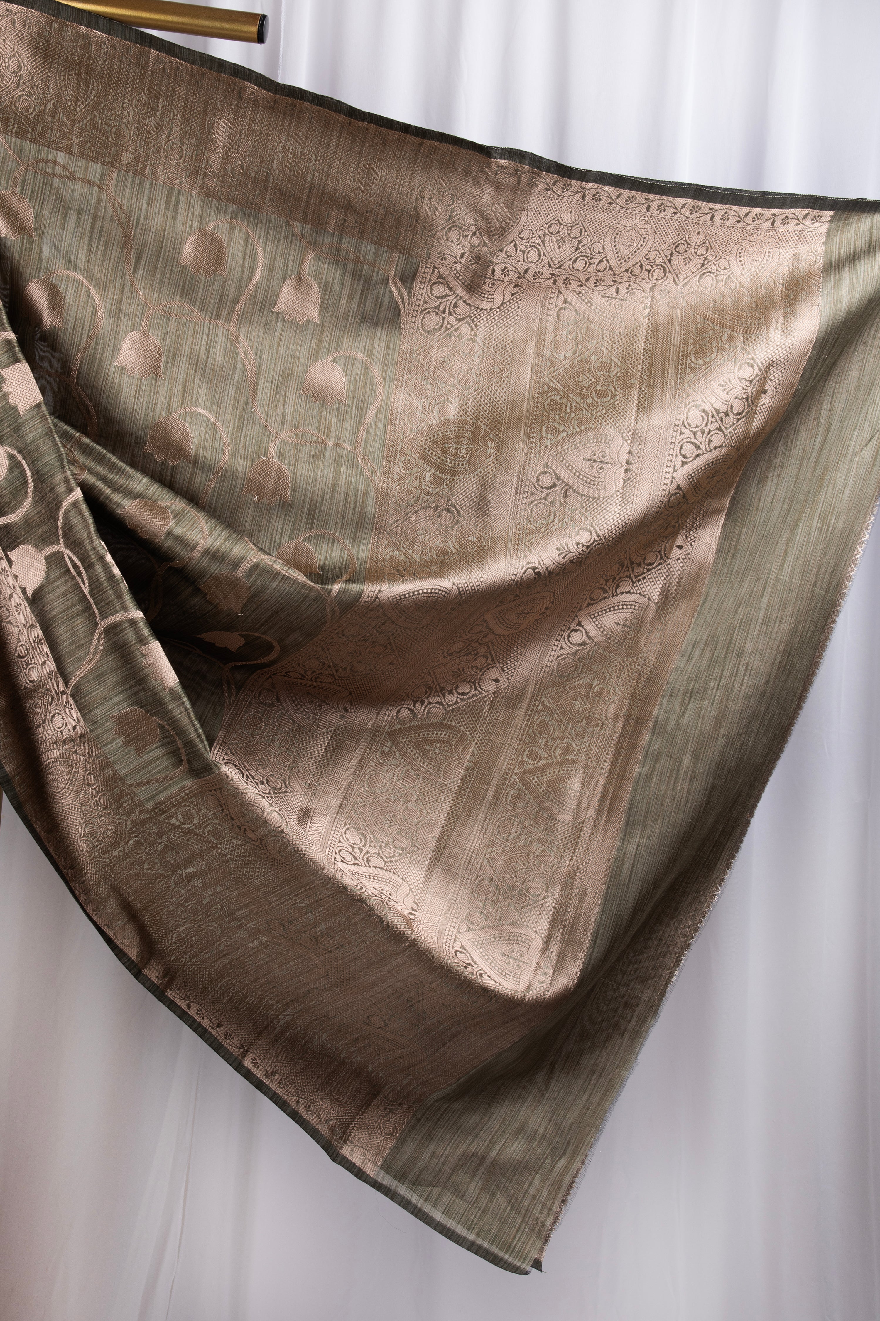 Olive green semi tussar benarasi saree with tulip design