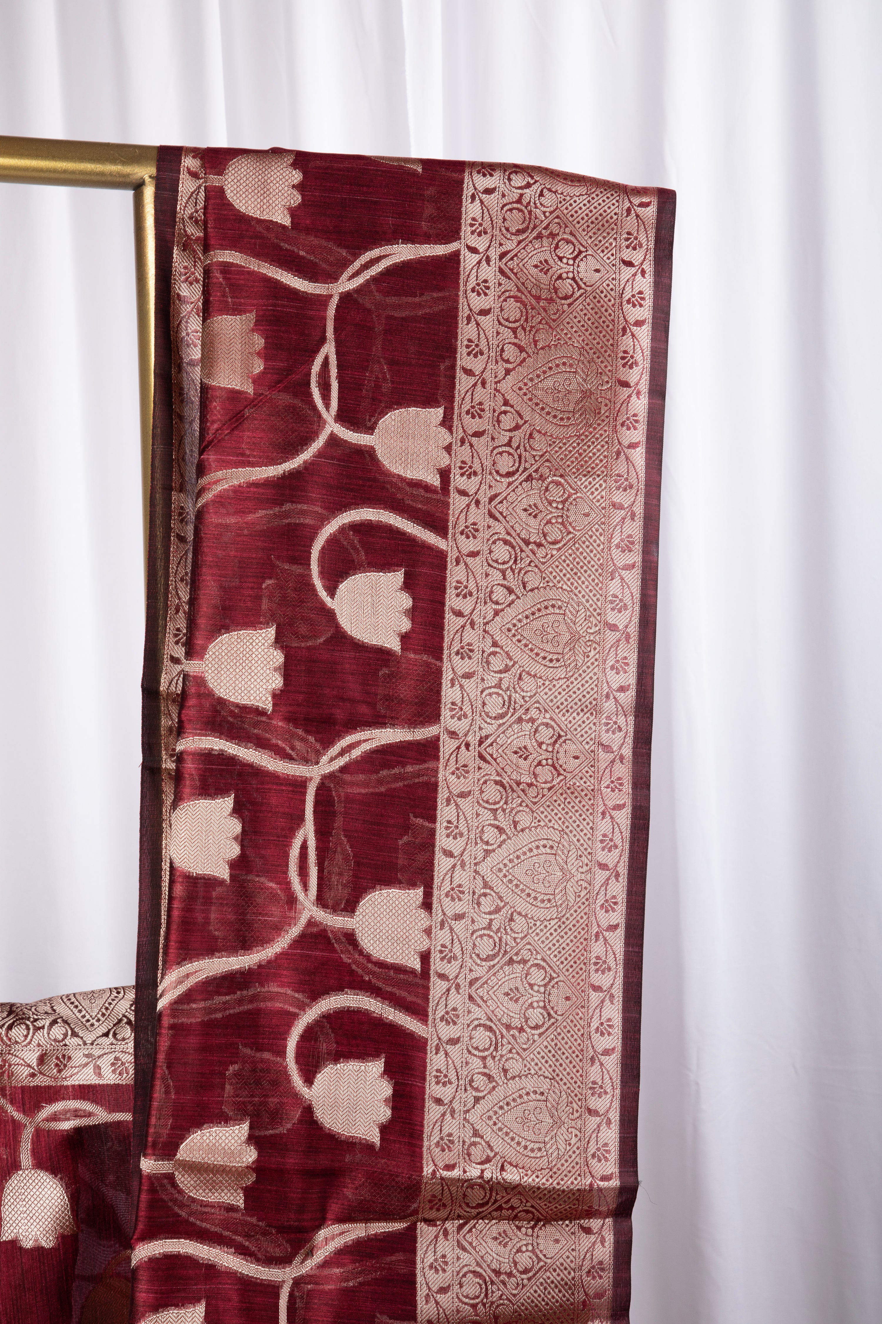 Maroon semi tussar benarasi saree with tulip design