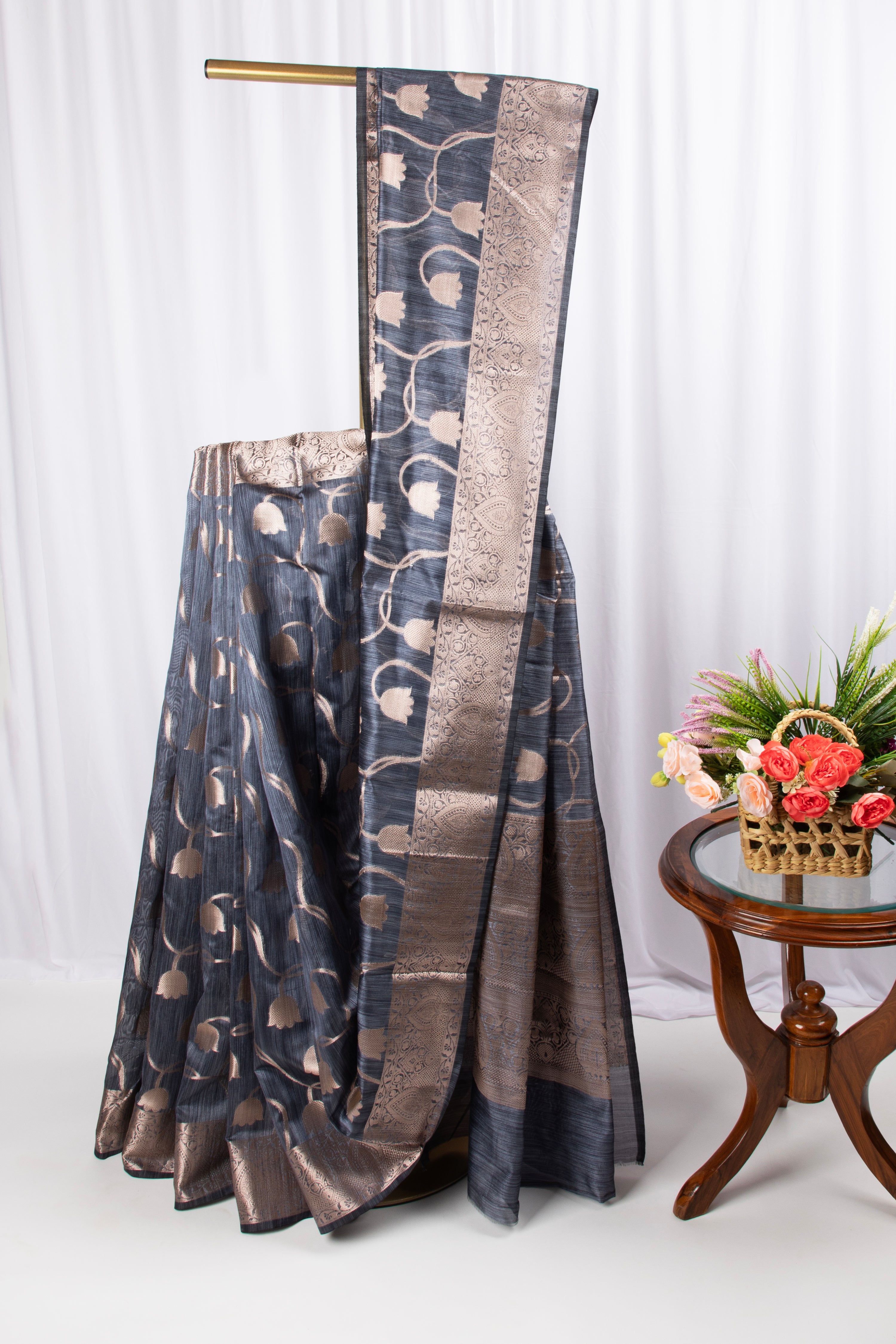 Grey semi tussar benarasi saree with tulip design