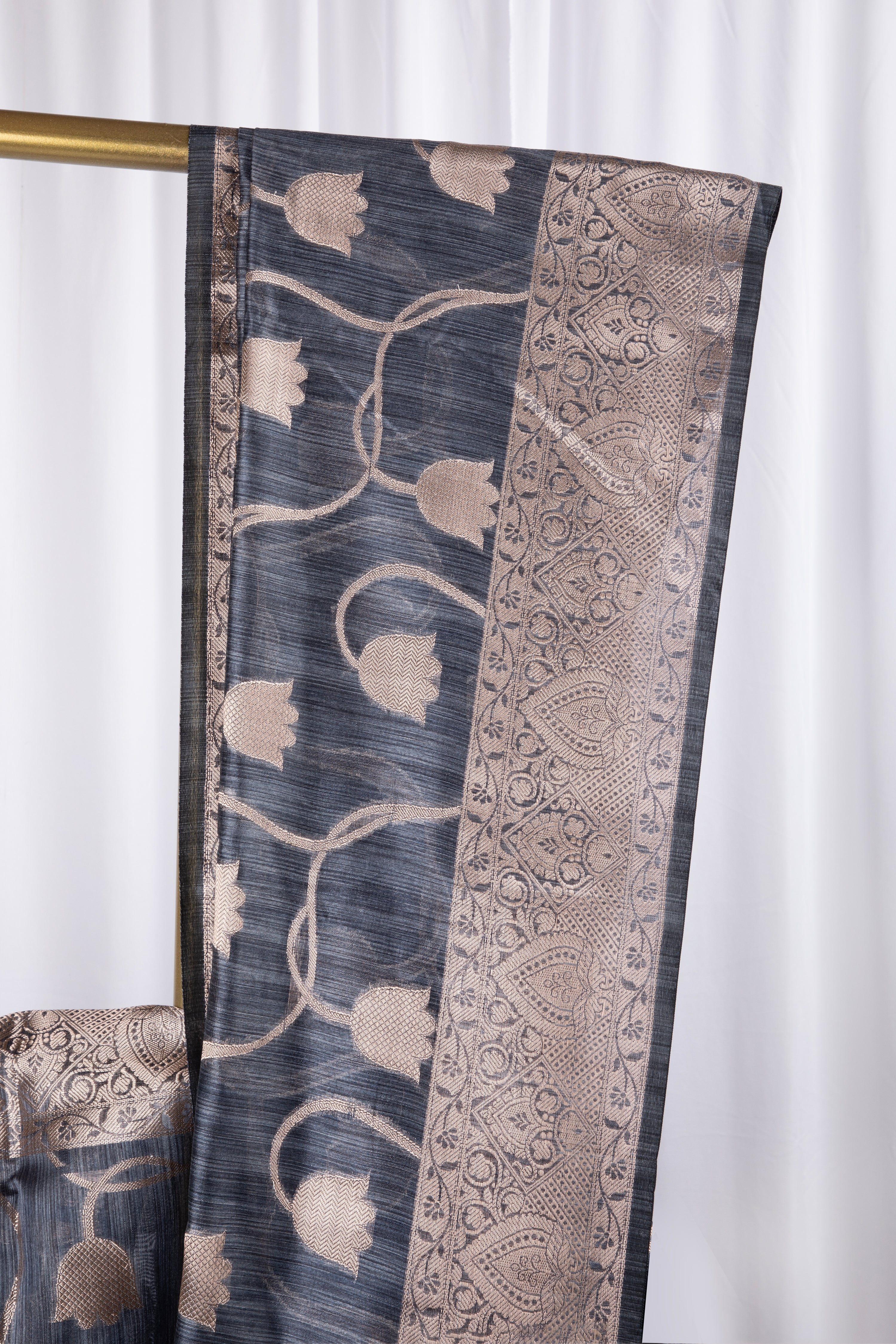 Grey semi tussar benarasi saree with tulip design