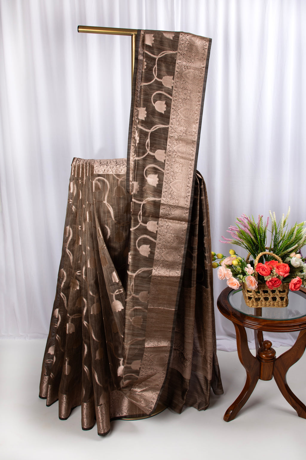 Olive grey semi tussar benarasi saree with tulip design