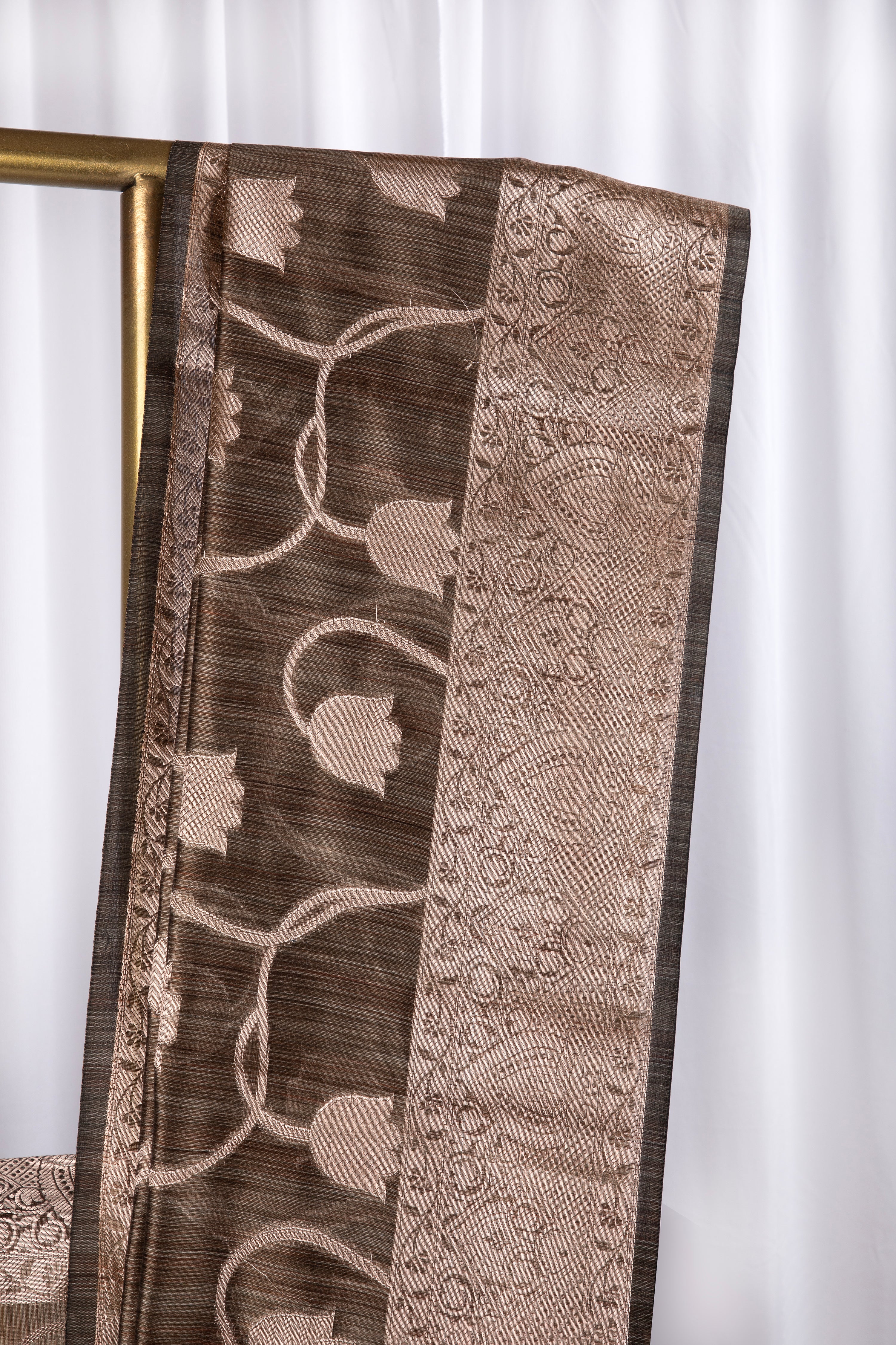 Olive grey semi tussar benarasi saree with tulip design