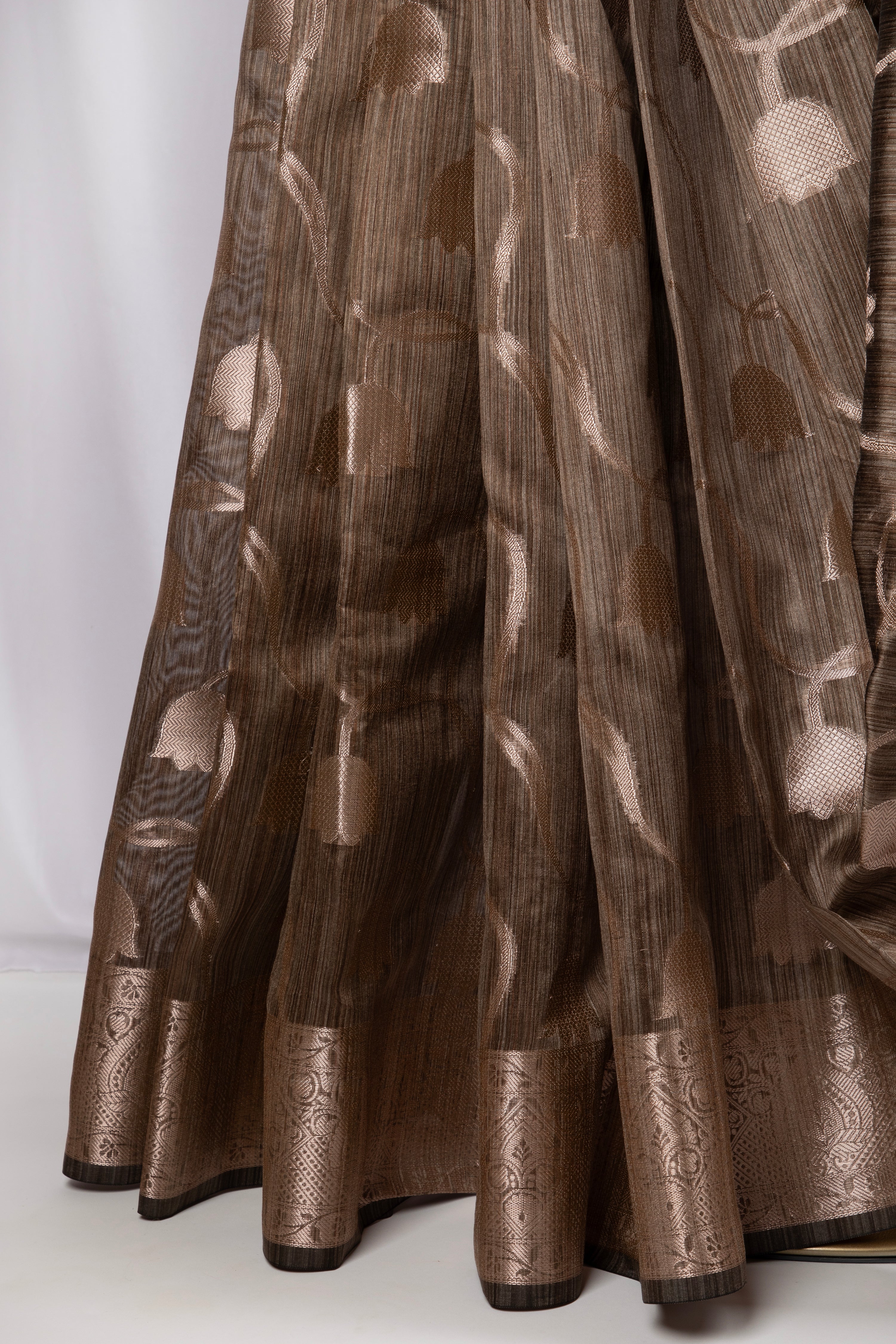Olive grey semi tussar benarasi saree with tulip design