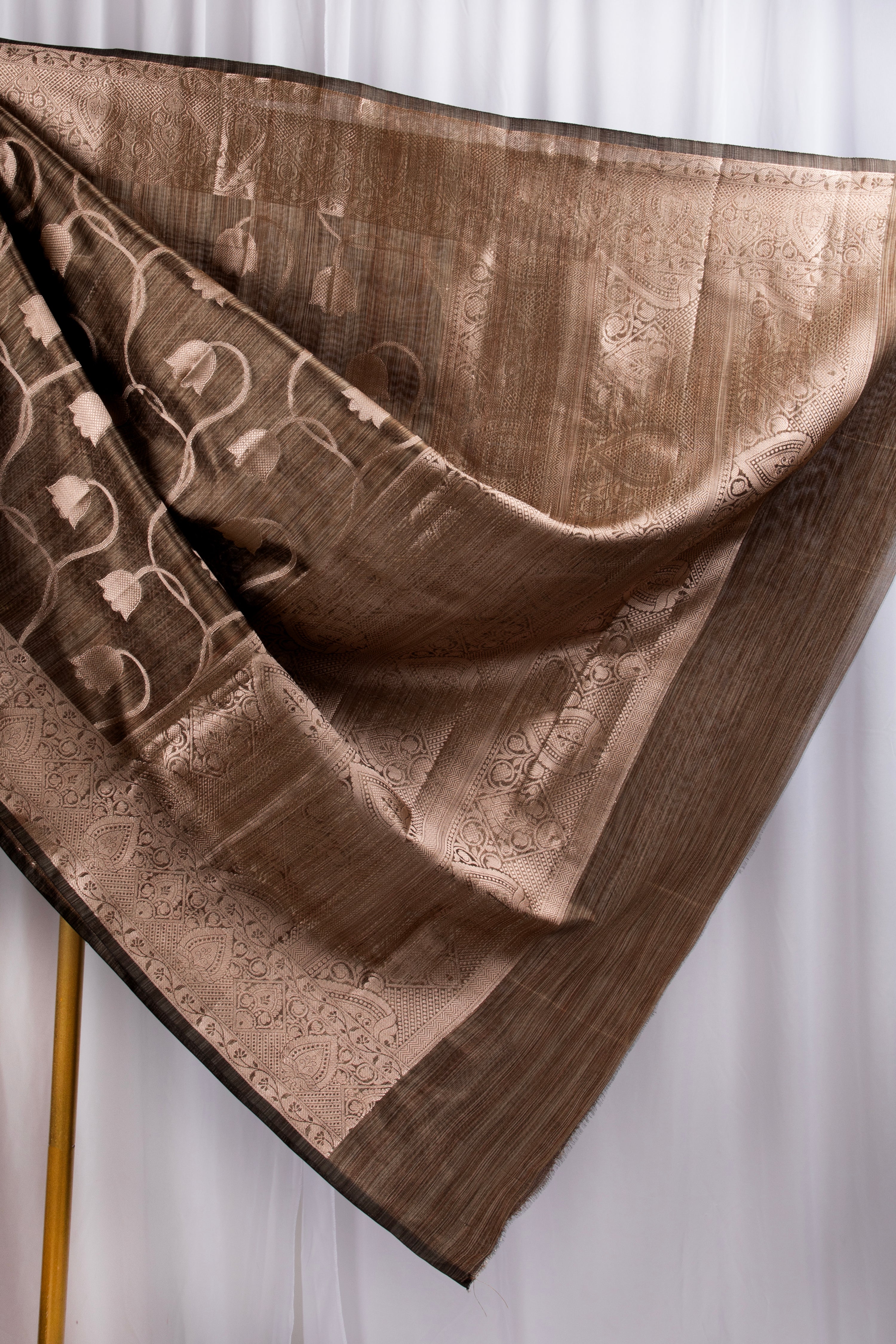 Olive grey semi tussar benarasi saree with tulip design