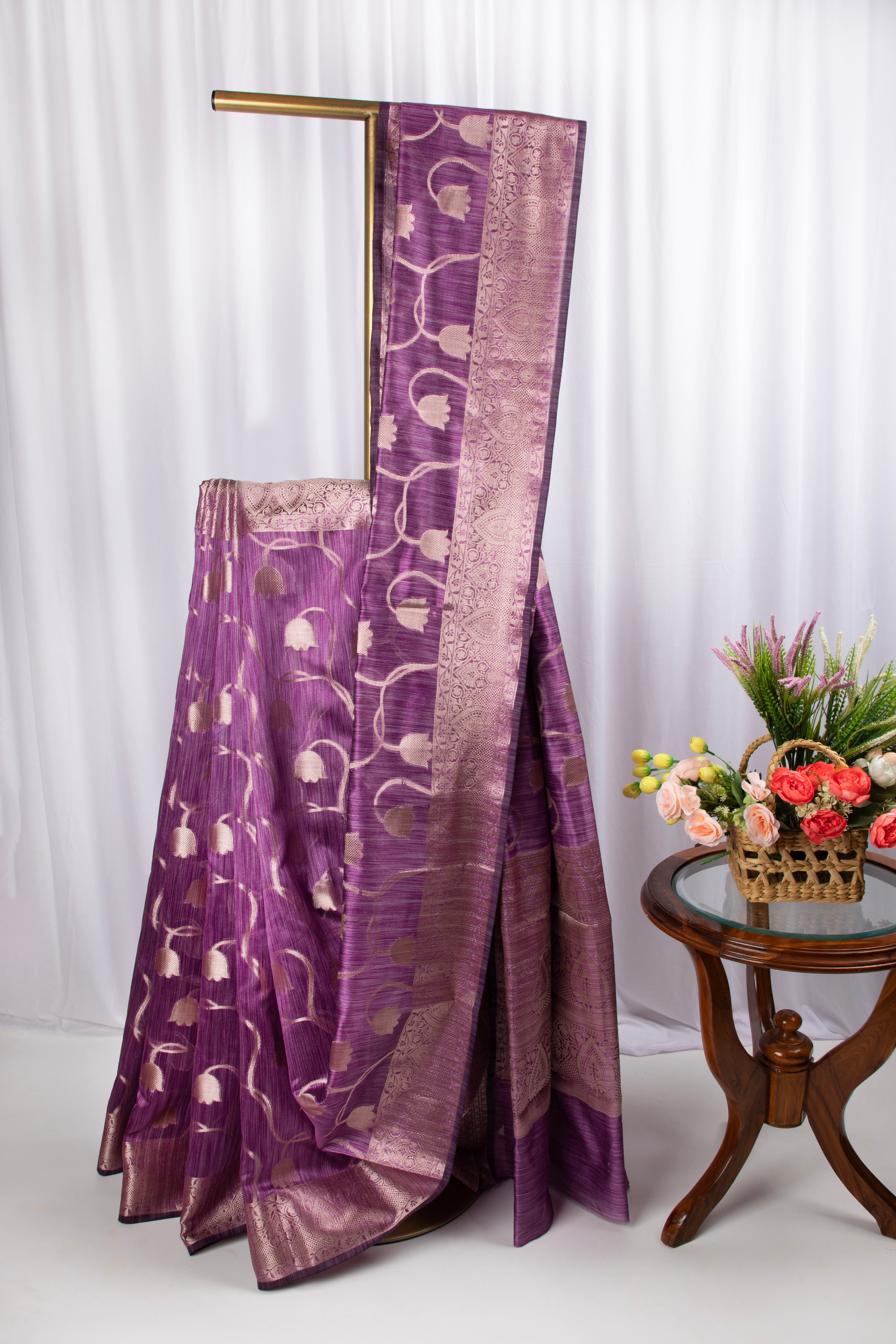 Purple semi tussar benarasi saree with tulip design