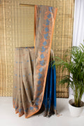 Earthy beige and blue silk cotton saree
