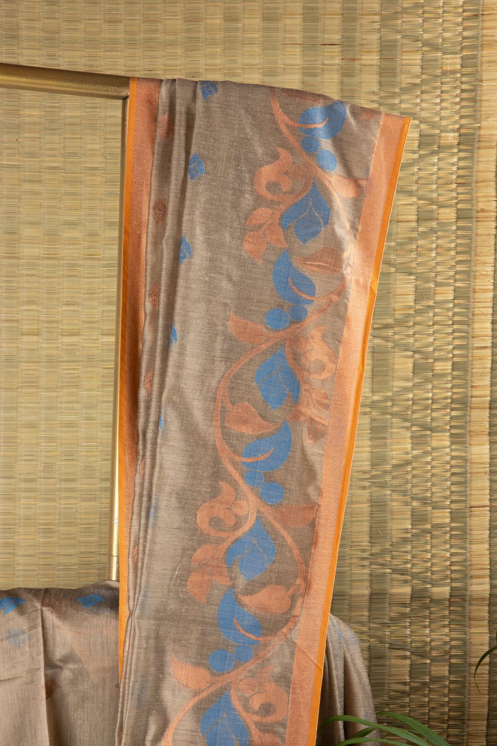 Earthy beige and blue silk cotton saree