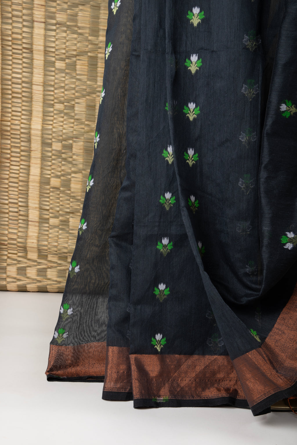 Black floral silk cotton saree
