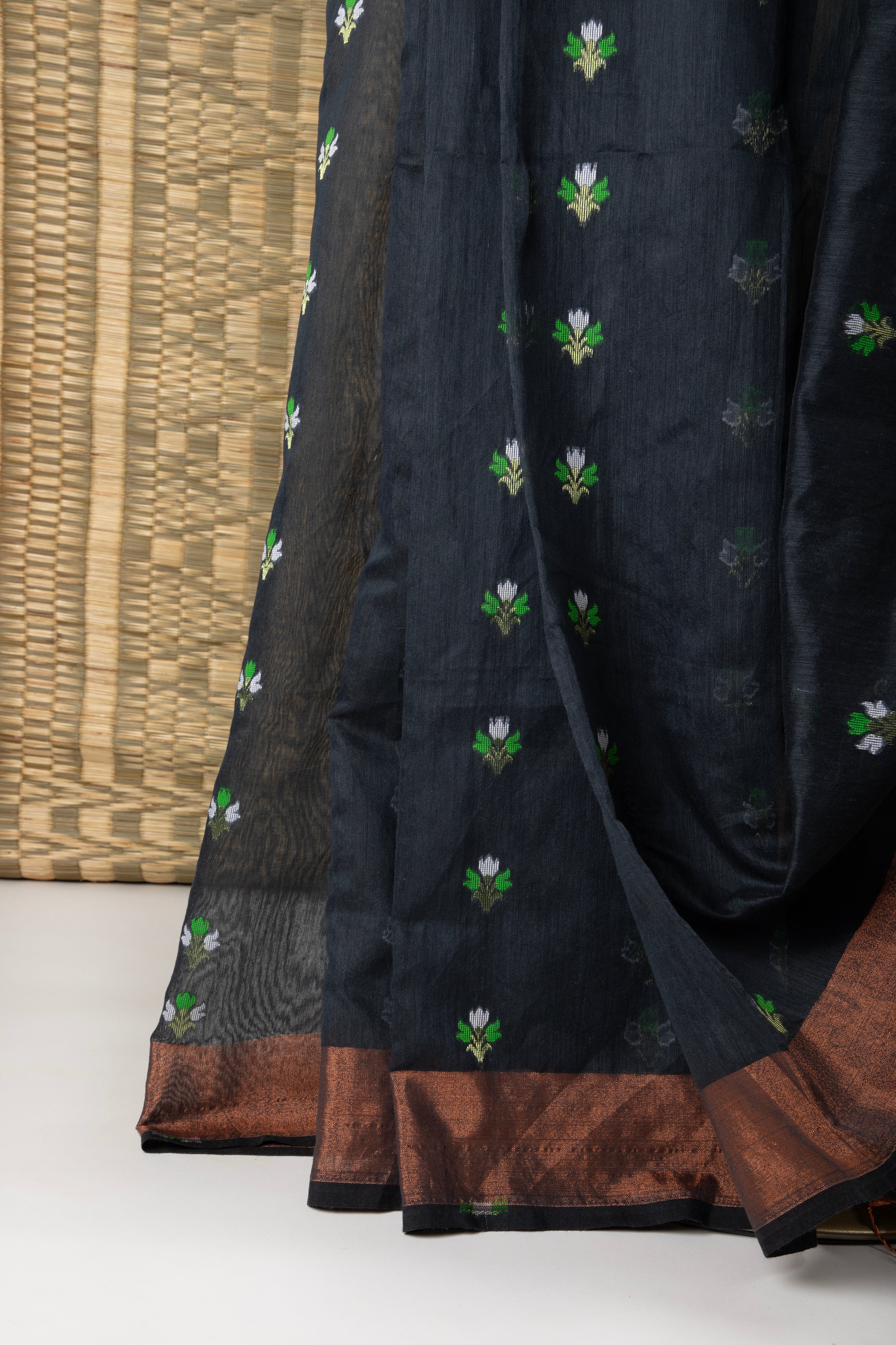 Black floral silk cotton saree