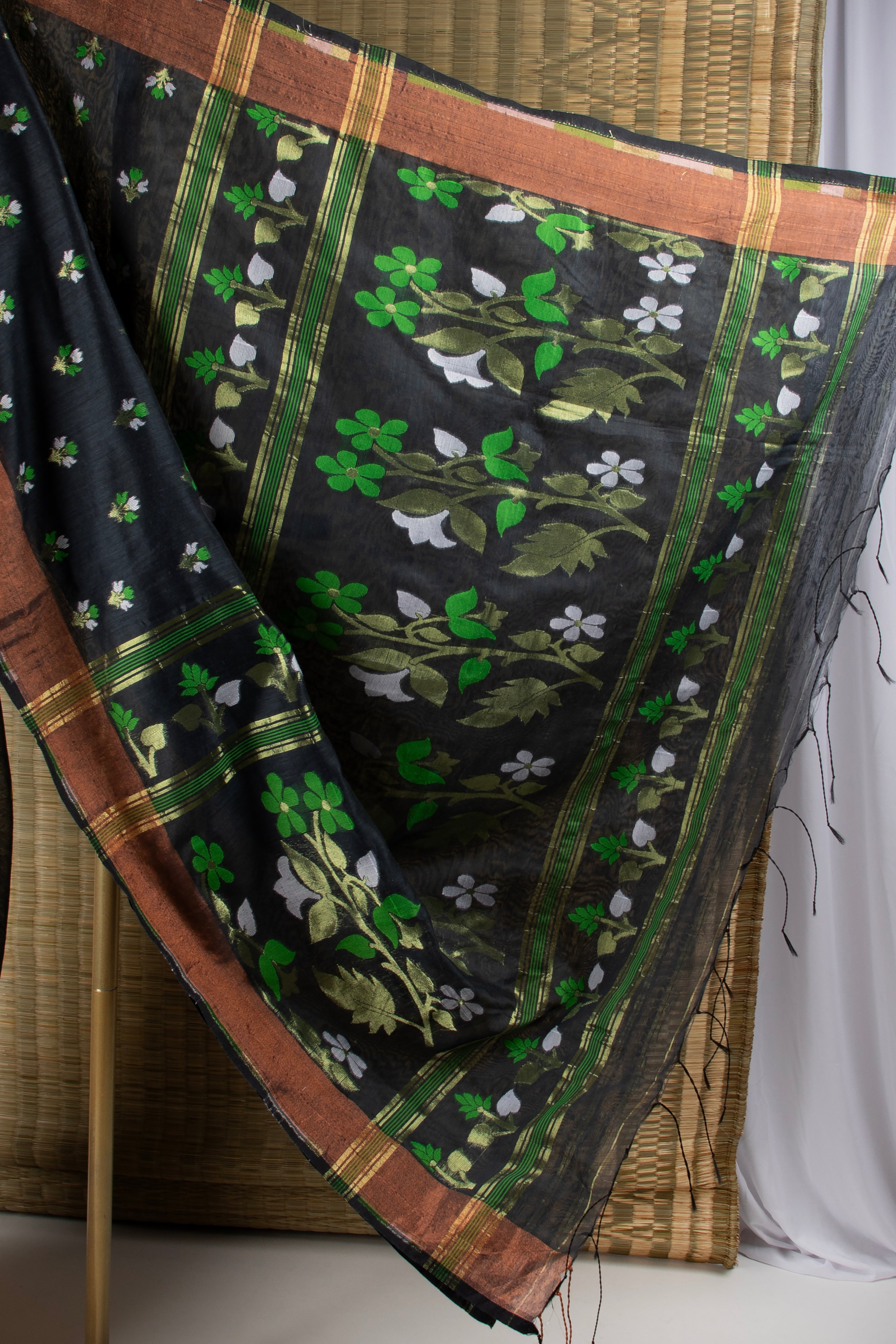 Black floral silk cotton saree