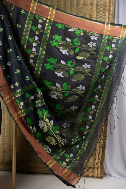 Black floral silk cotton saree