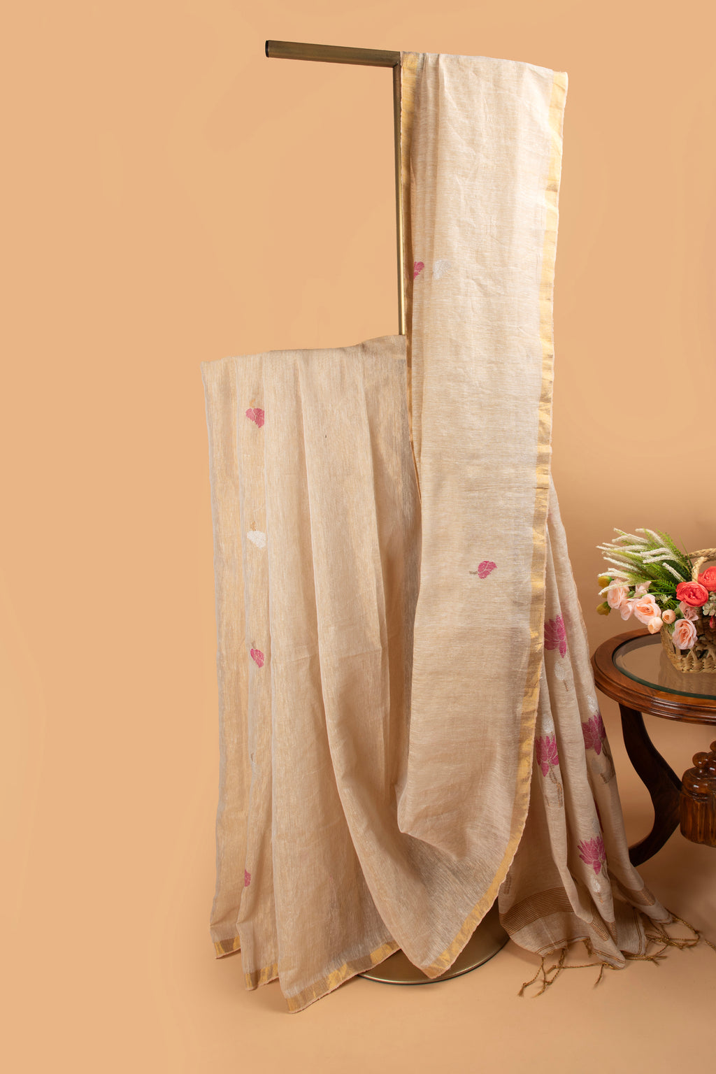 Beige tissue linen handloom saree