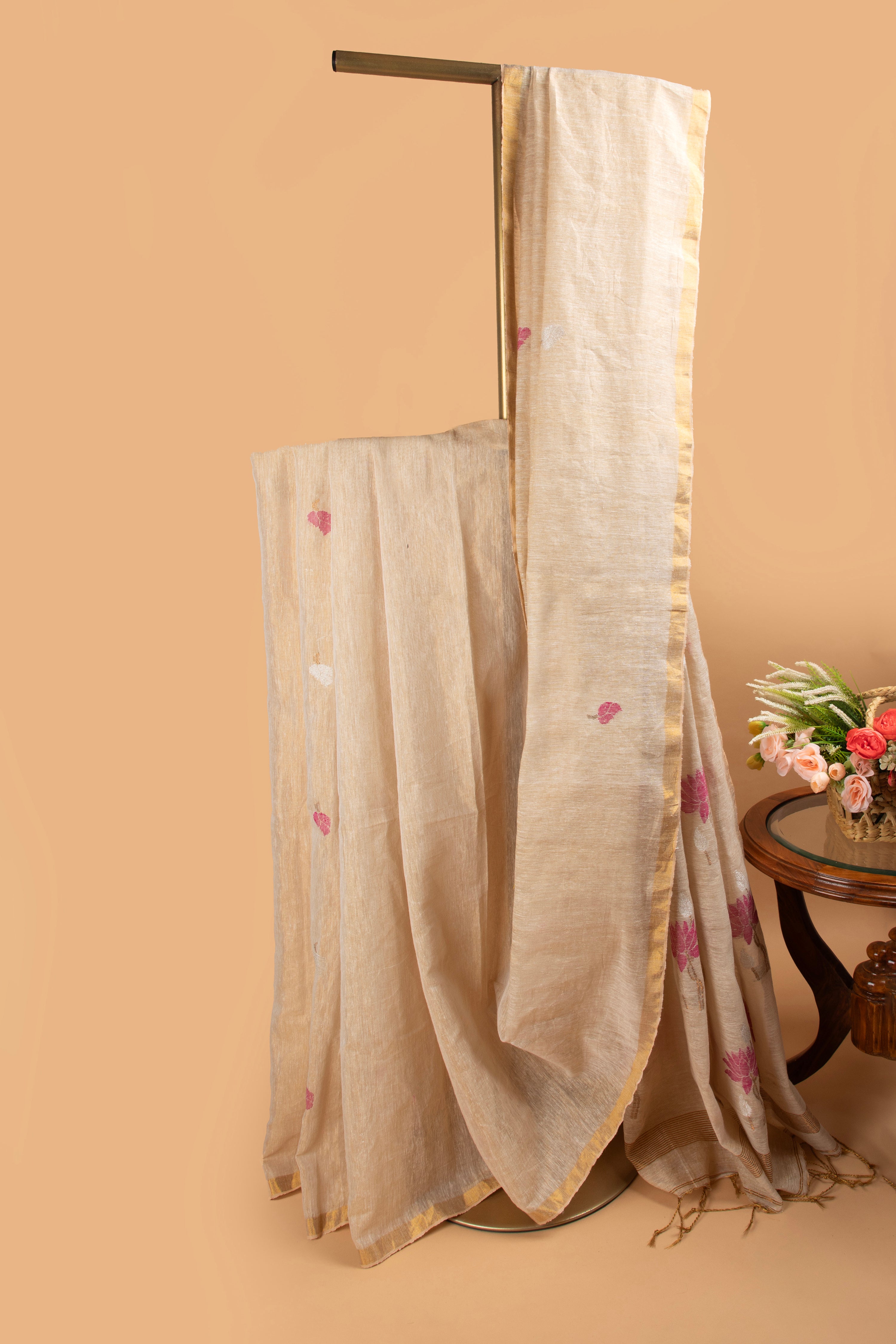 Beige tissue linen handloom saree