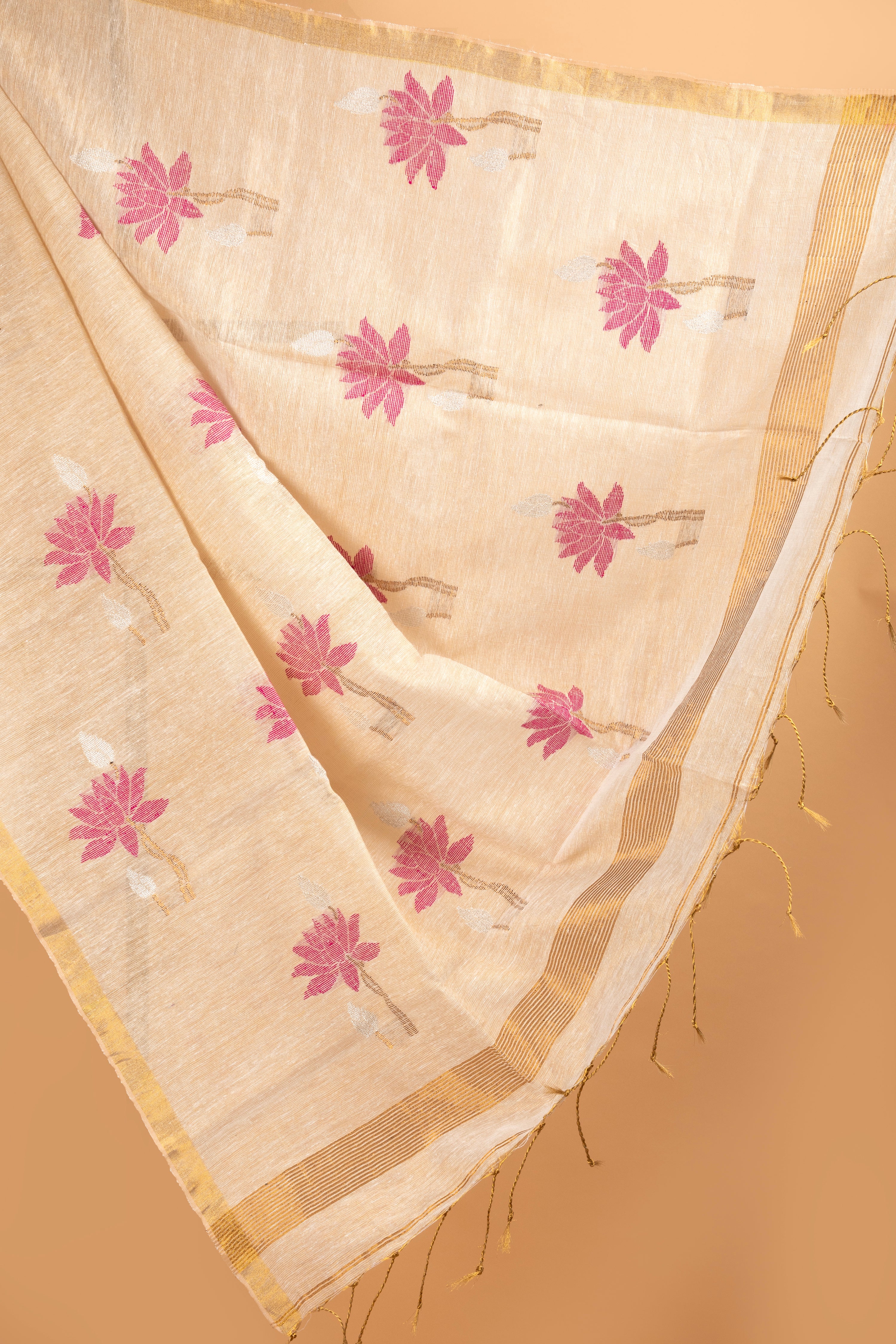 Beige tissue linen handloom saree