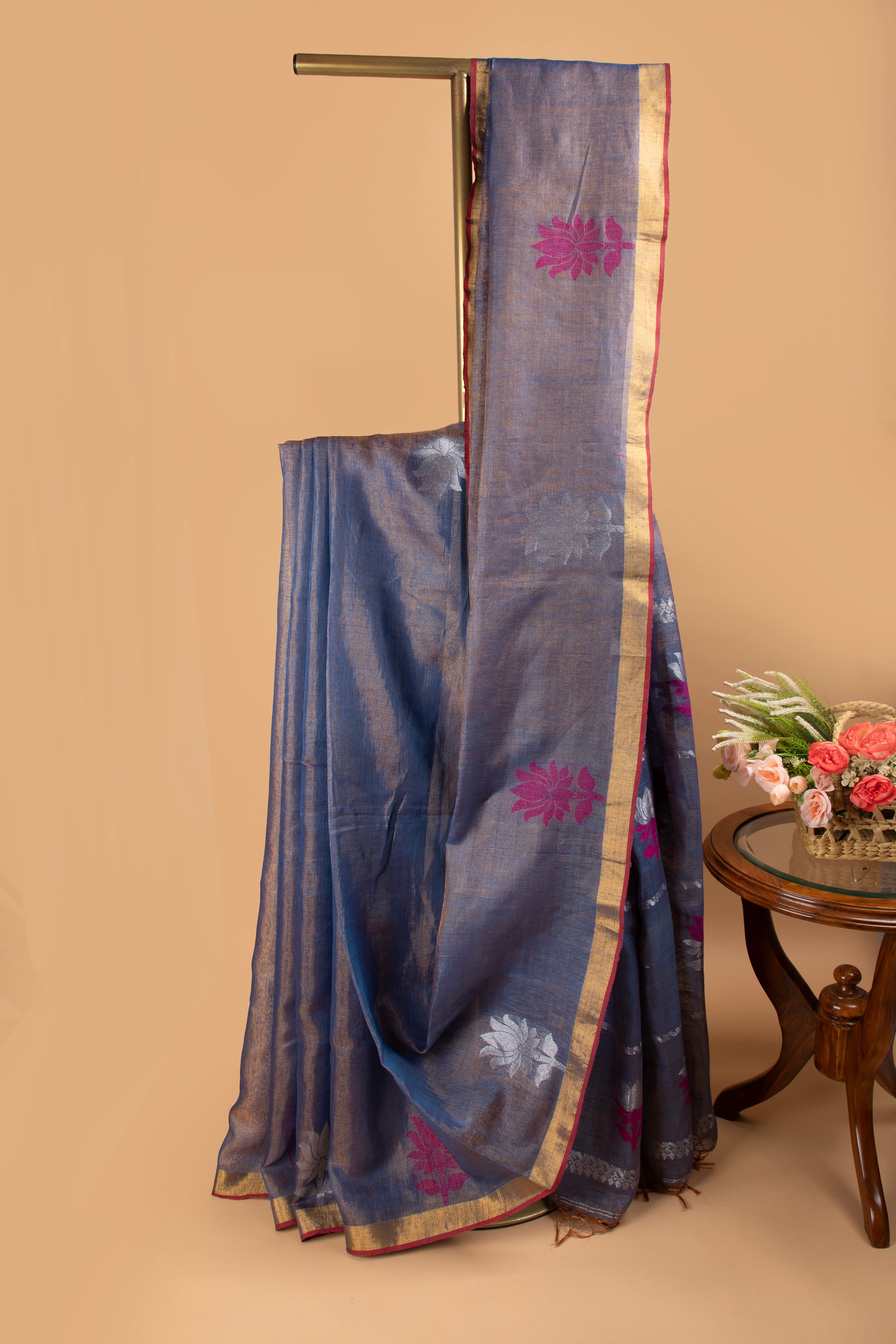 Blue and gold tissue linen handloom saree