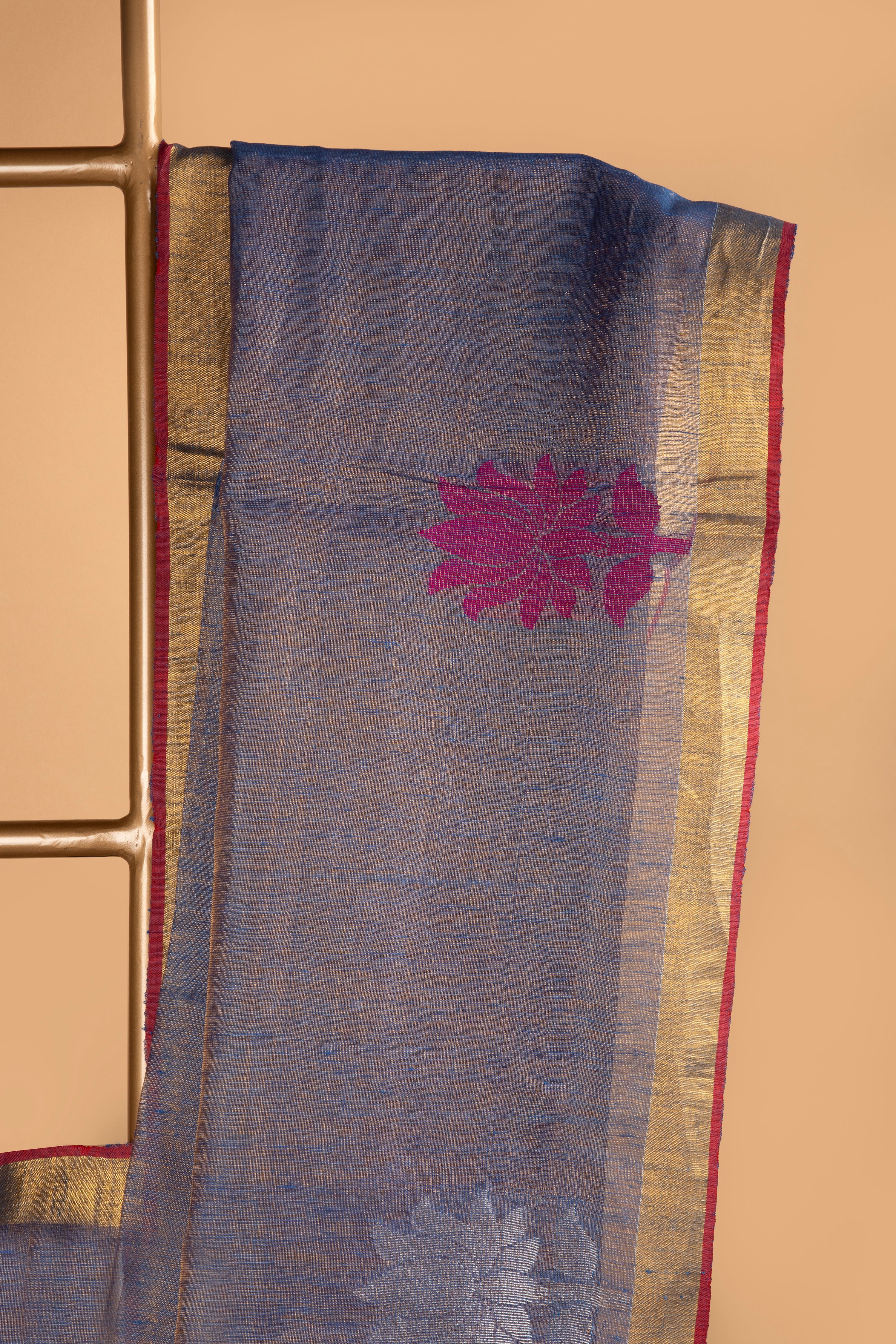 Blue and gold tissue linen handloom saree