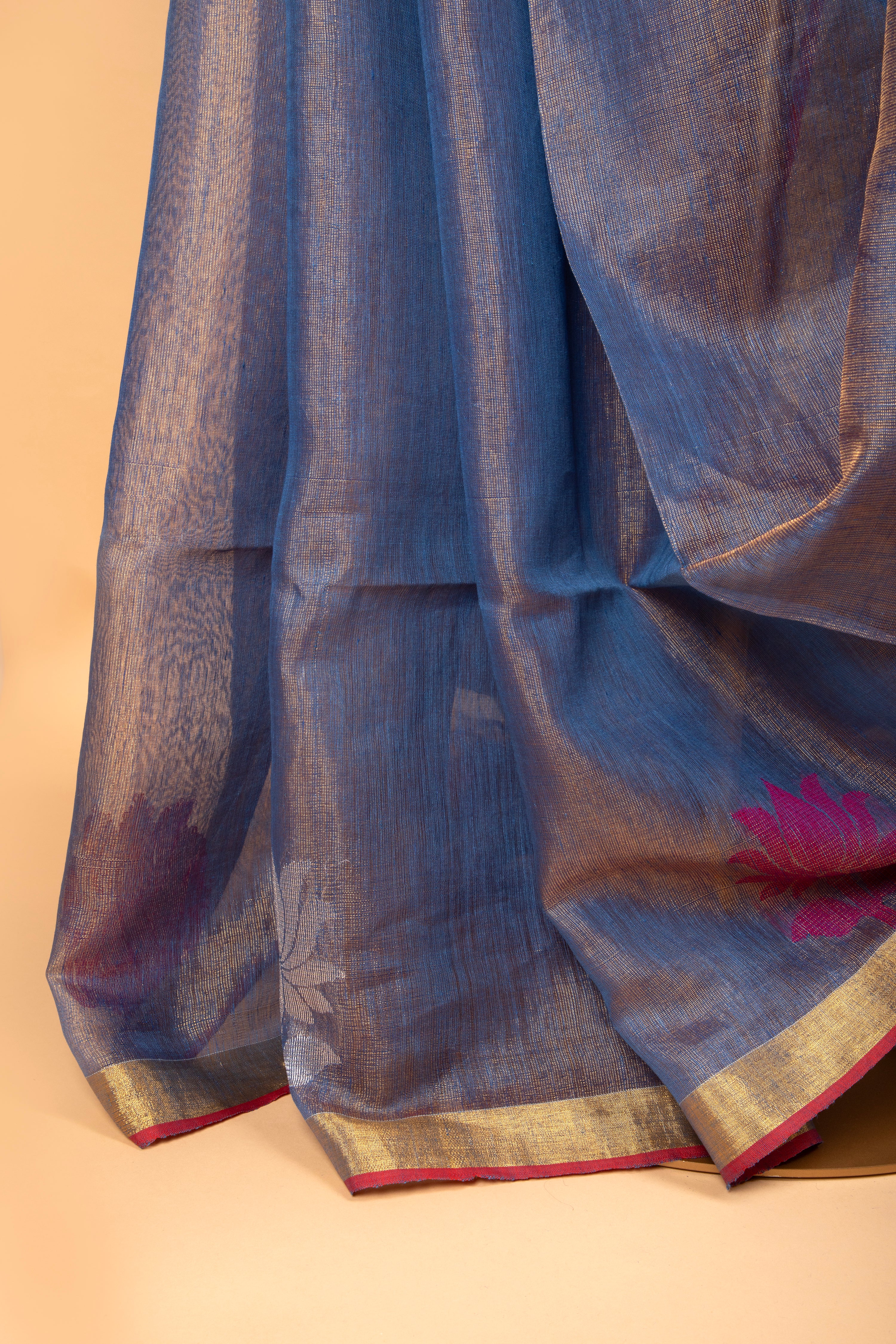 Blue and gold tissue linen handloom saree