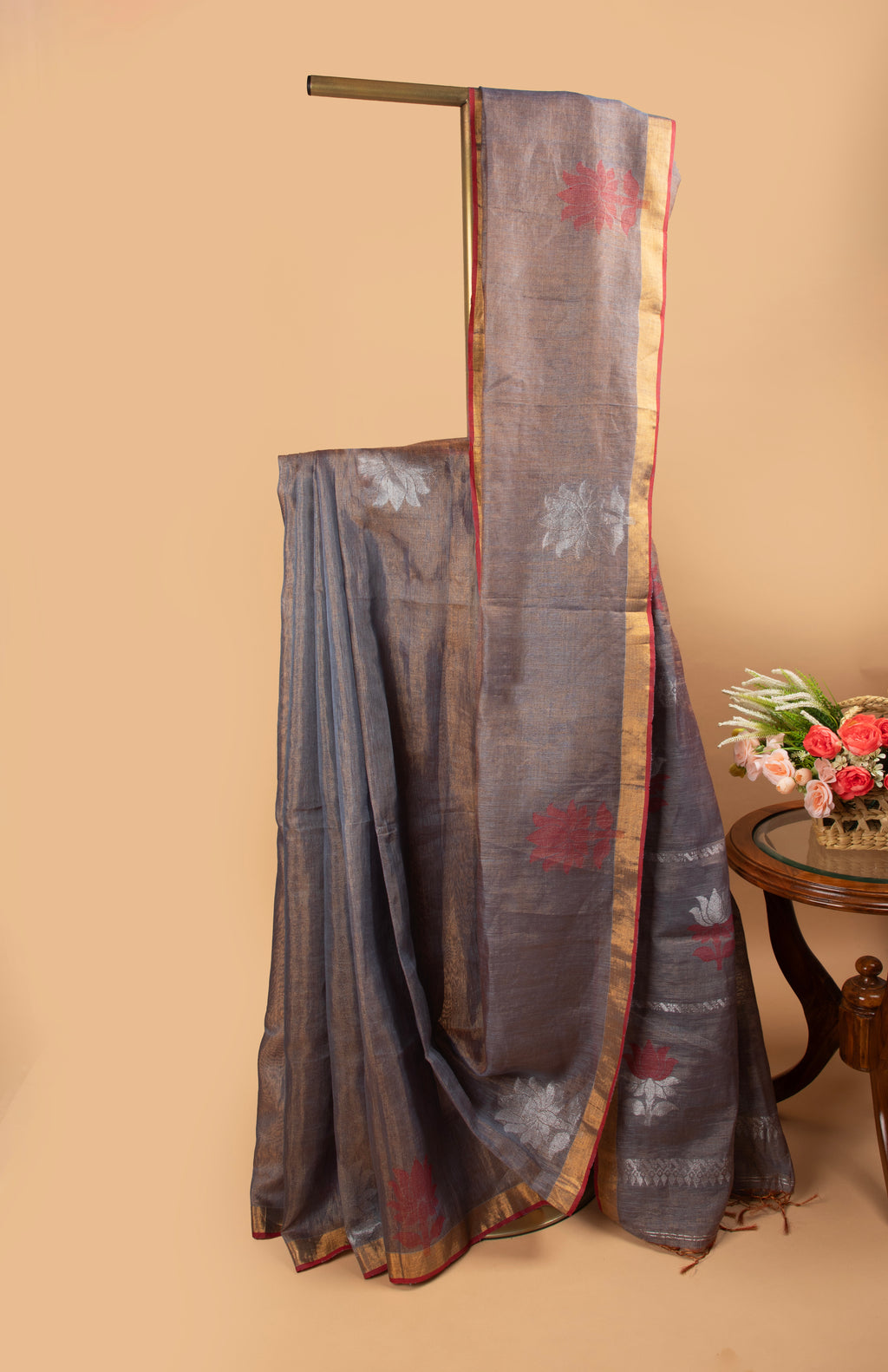 Grey and gold tissue linen saree
