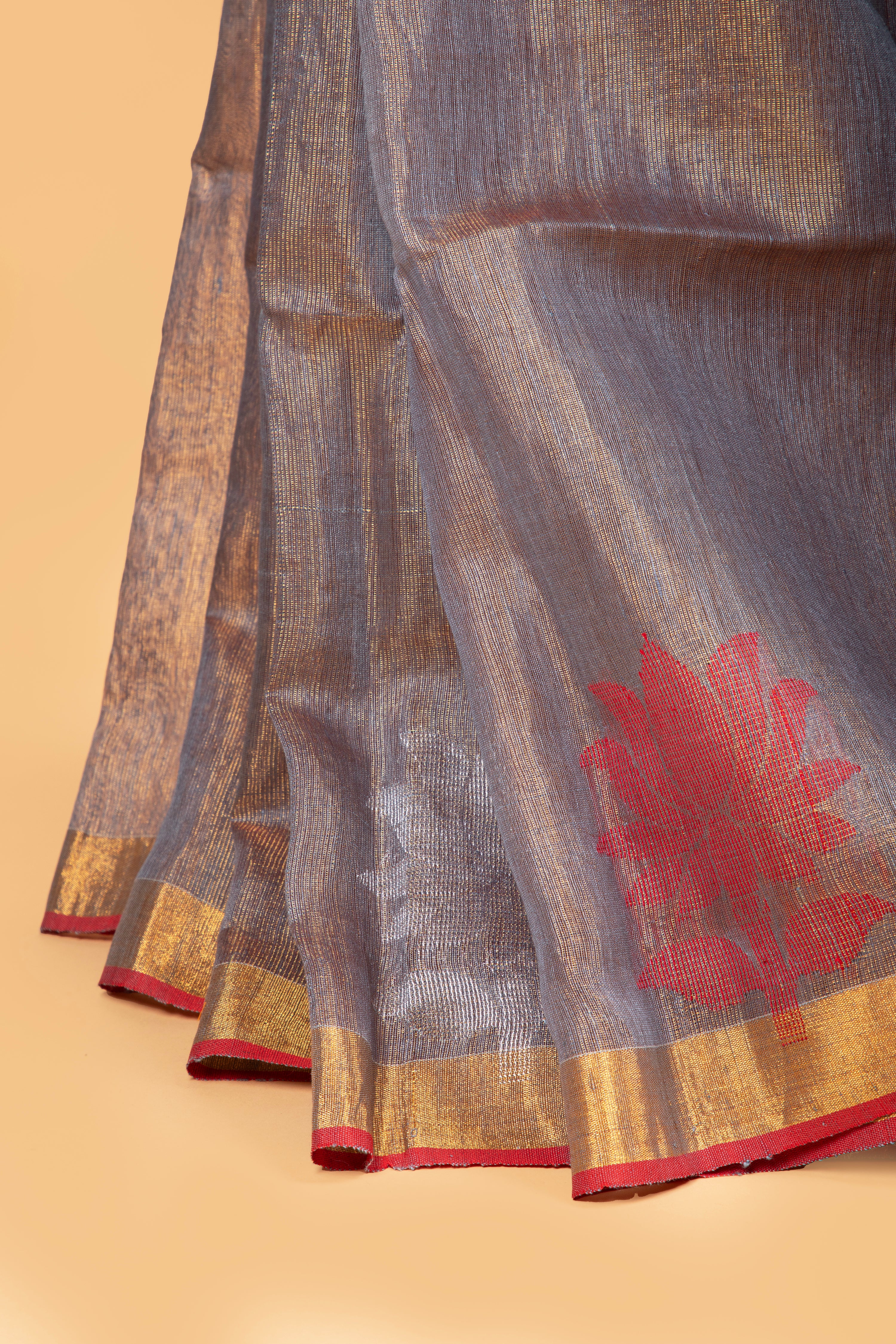 Grey and gold tissue linen saree