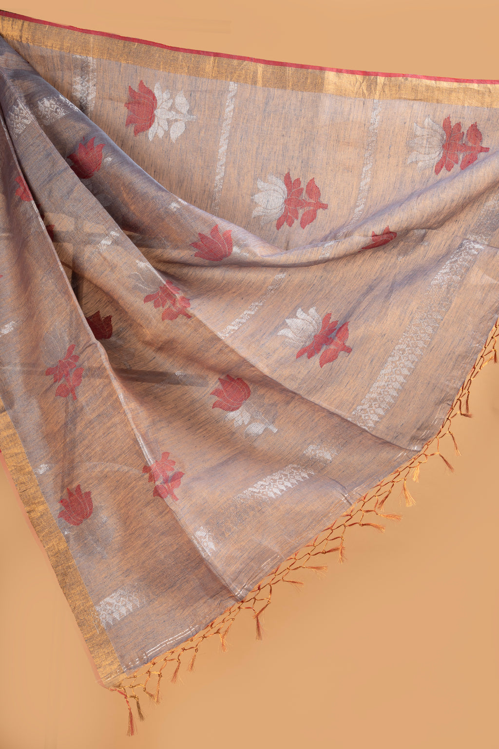 Grey and gold tissue linen saree