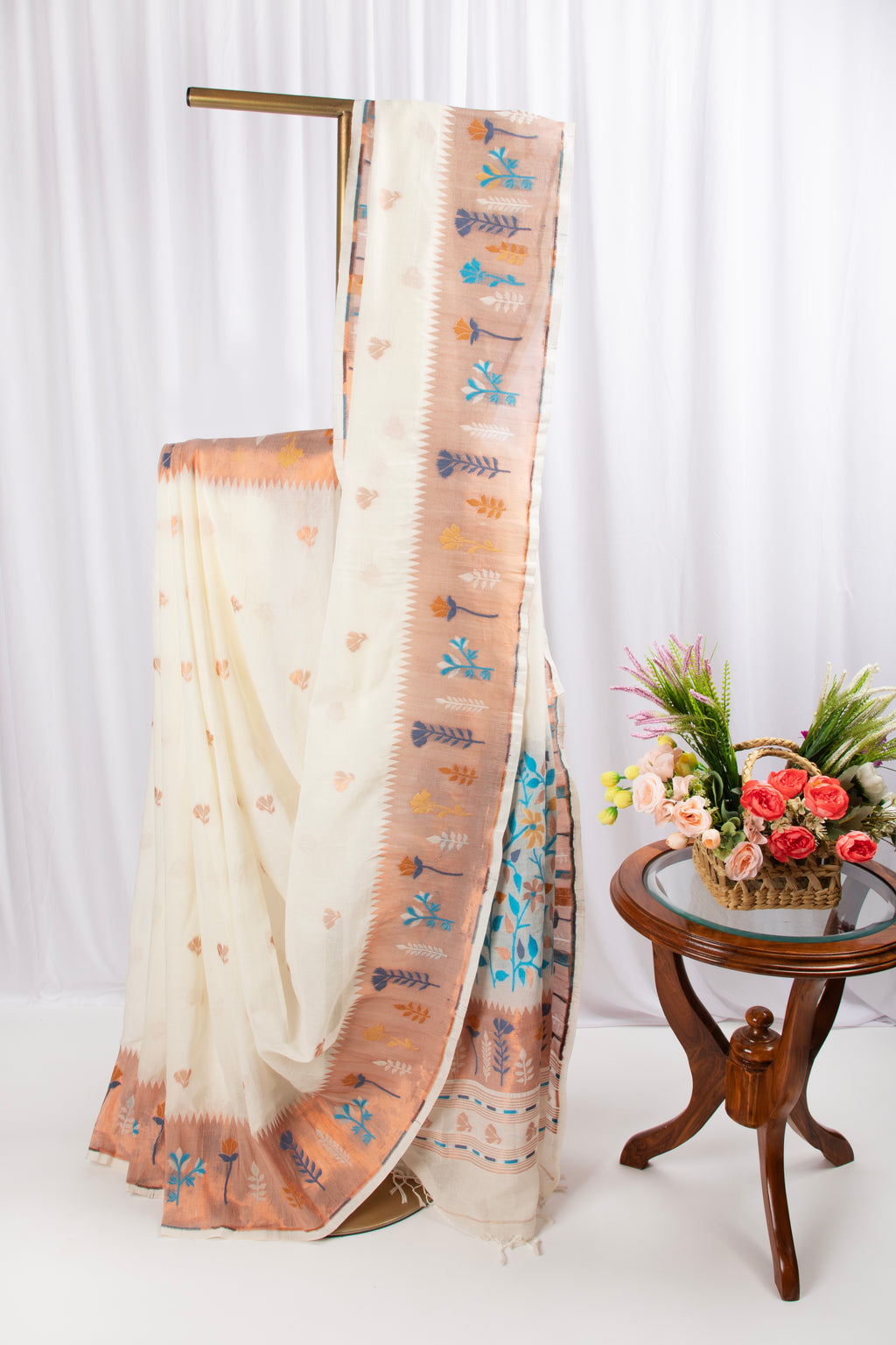Off white and blue paithani inspired cotton saree