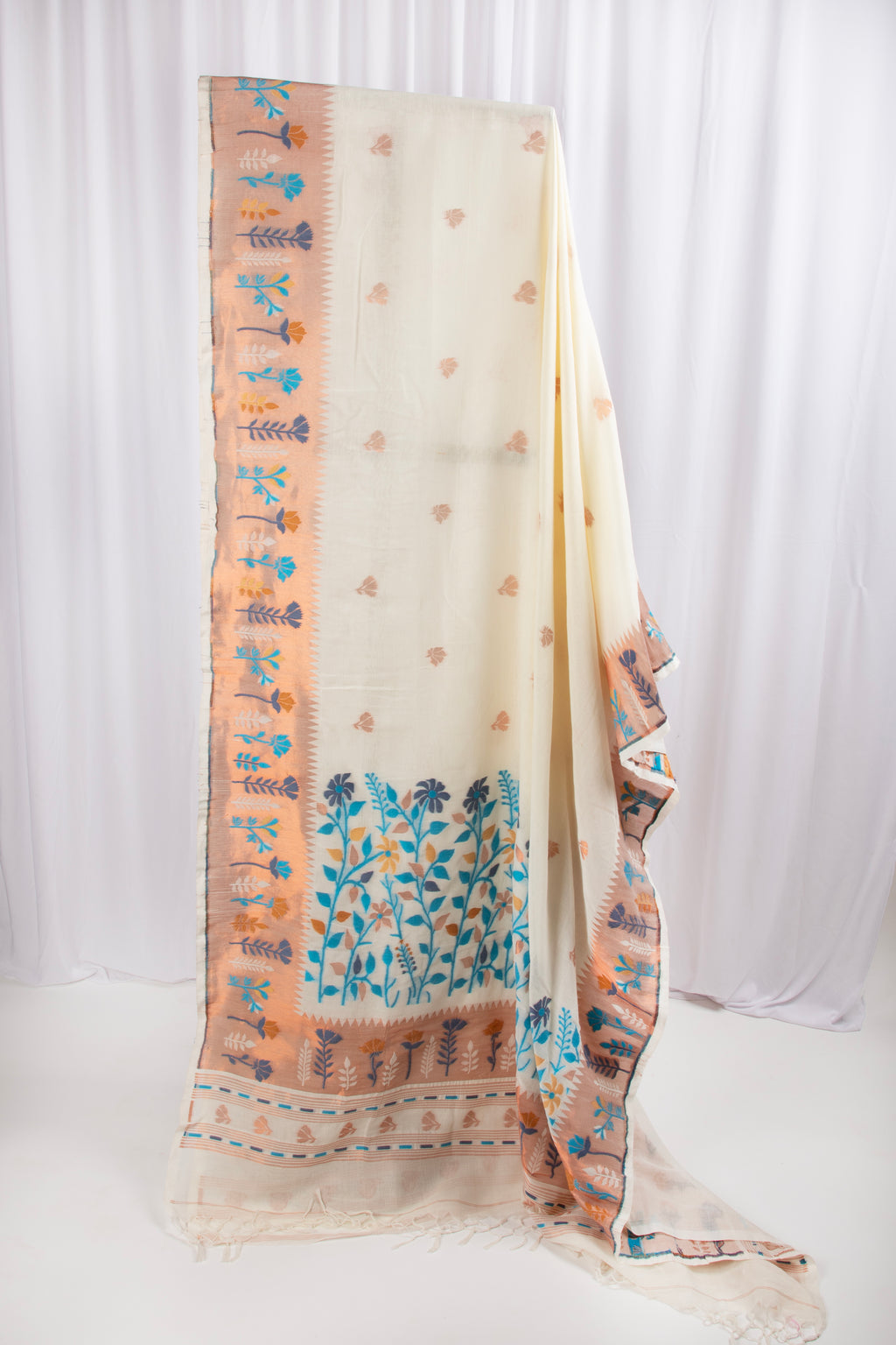 Off white and blue paithani inspired cotton saree