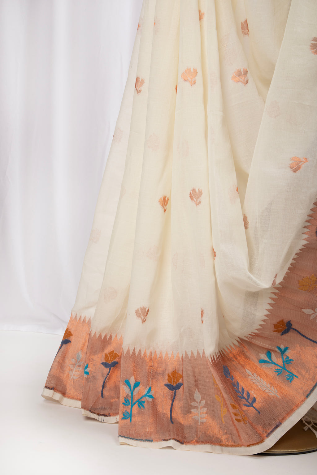Off white and blue paithani inspired cotton saree