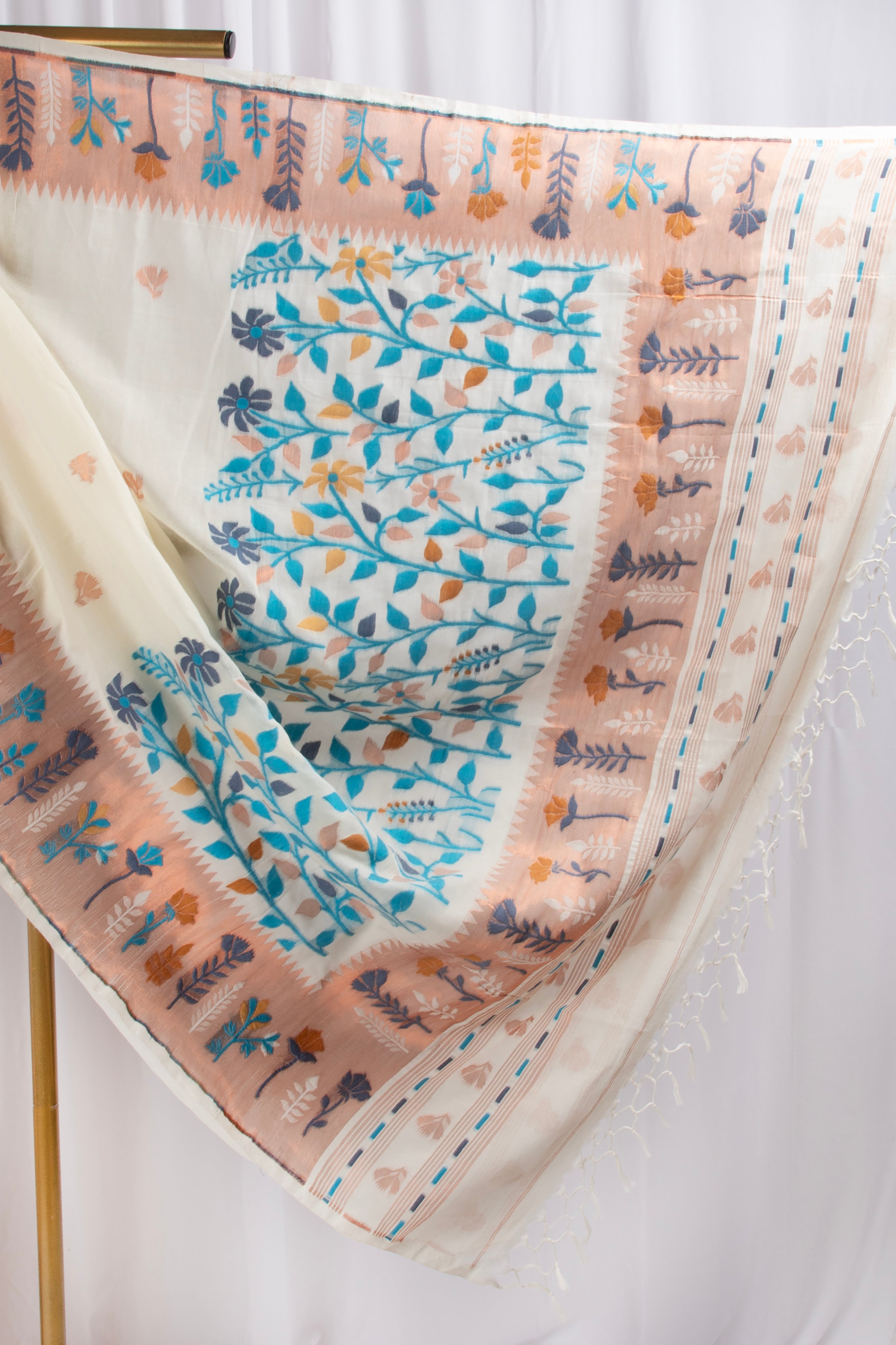 Off white and blue paithani inspired cotton saree